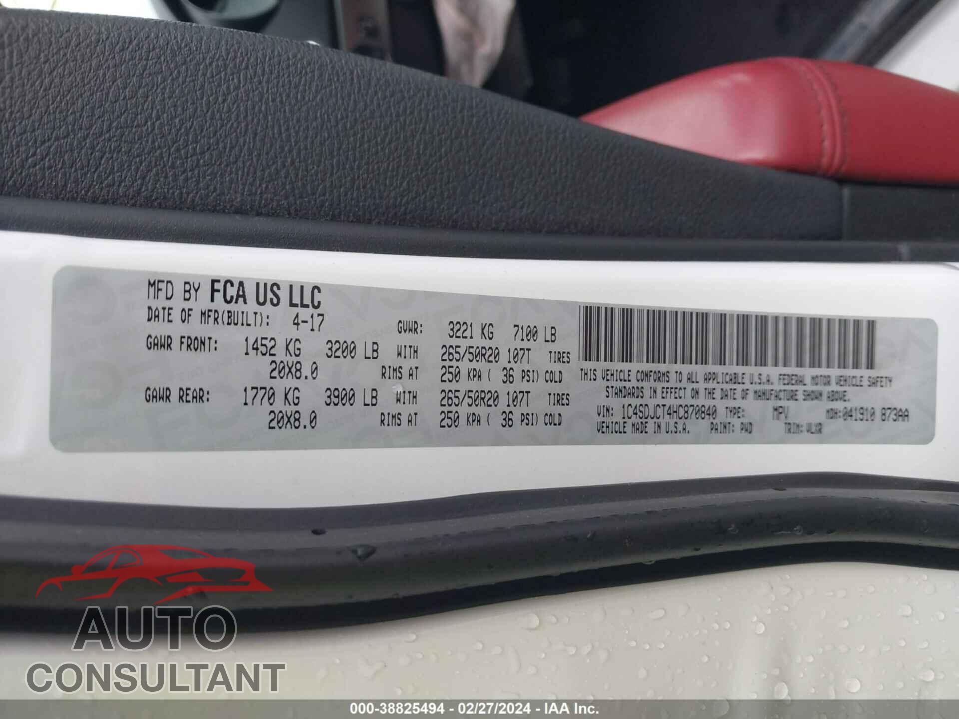 DODGE DURANGO 2017 - 1C4SDJCT4HC870840