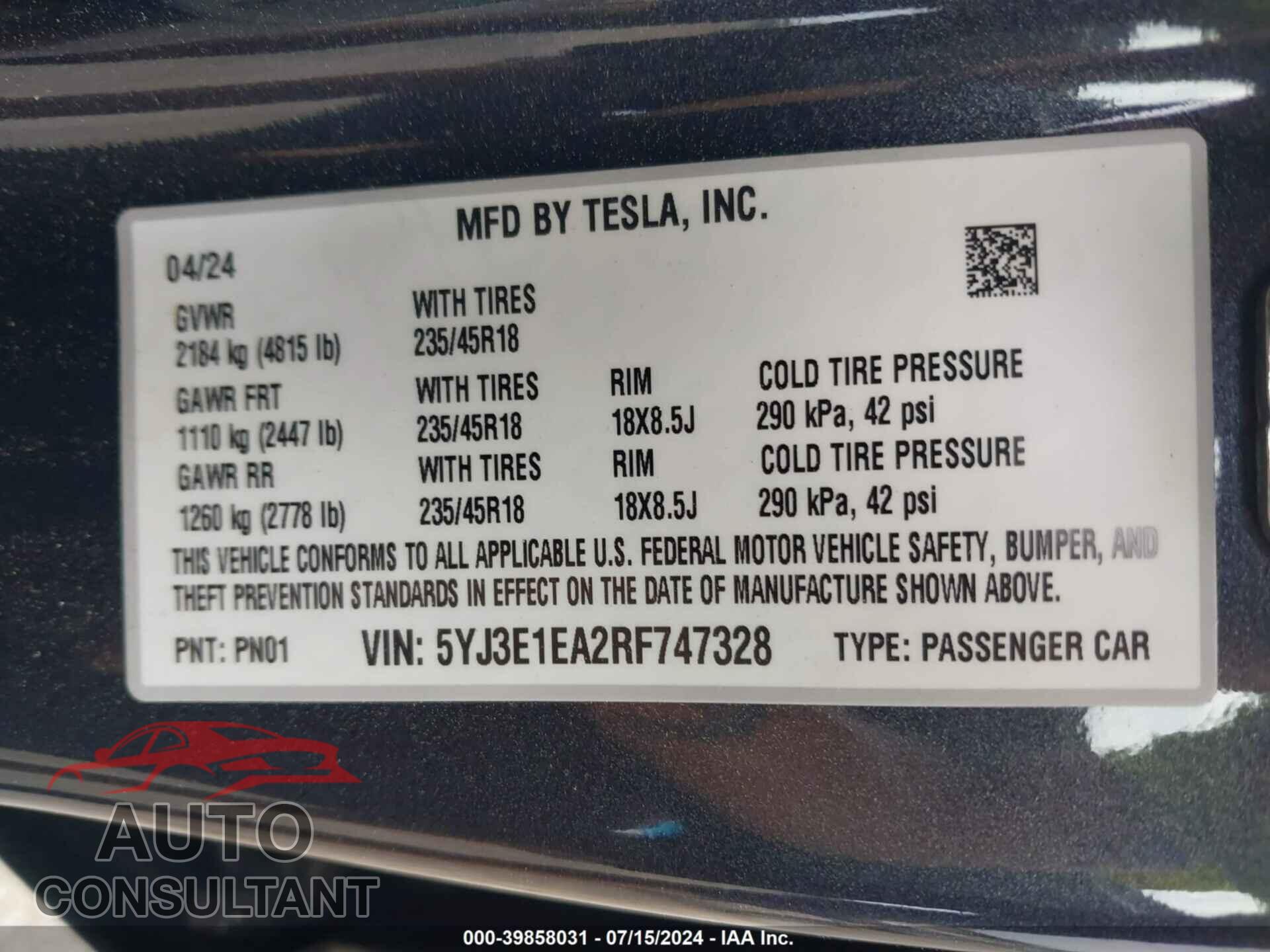 TESLA MODEL 3 2024 - 5YJ3E1EA2RF747328