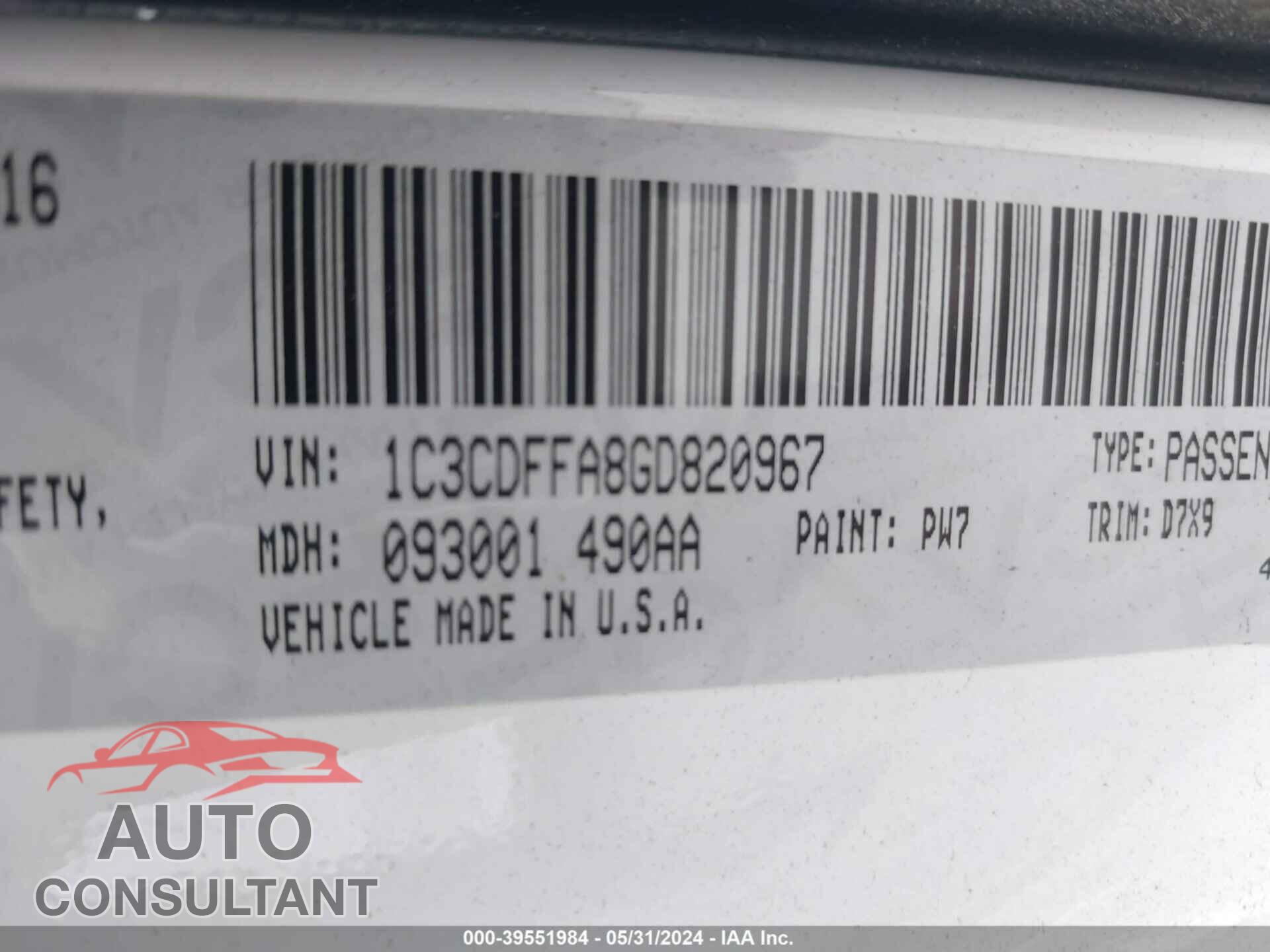 DODGE DART 2016 - 1C3CDFFA8GD820967
