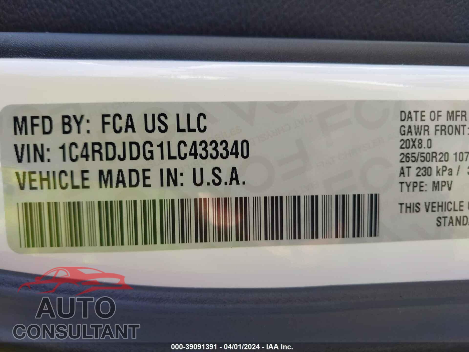 DODGE DURANGO 2020 - 1C4RDJDG1LC433340