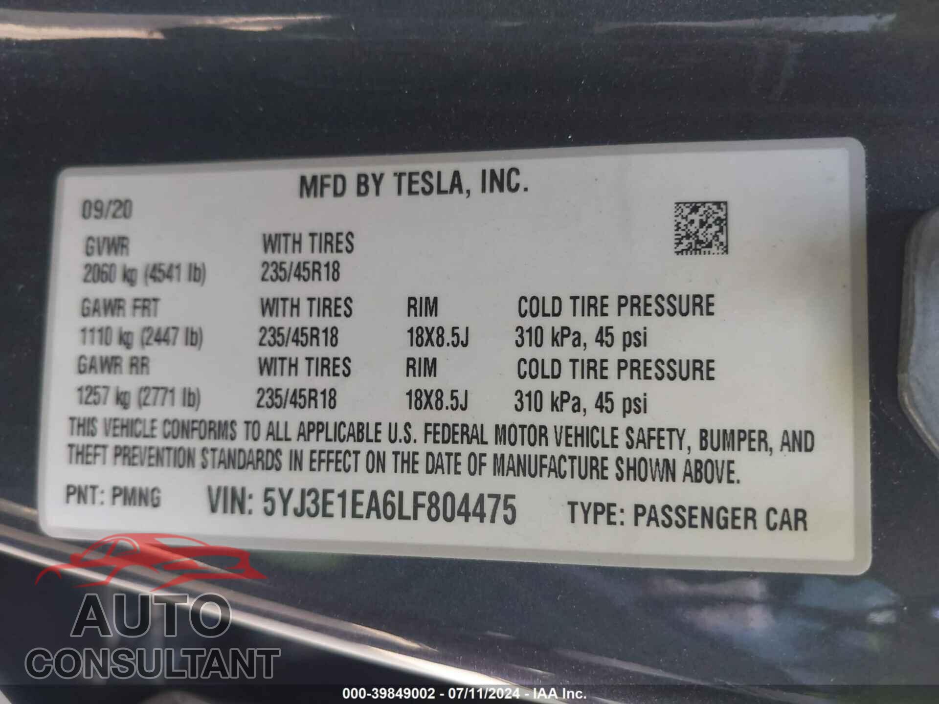 TESLA MODEL 3 2020 - 5YJ3E1EA6LF804475