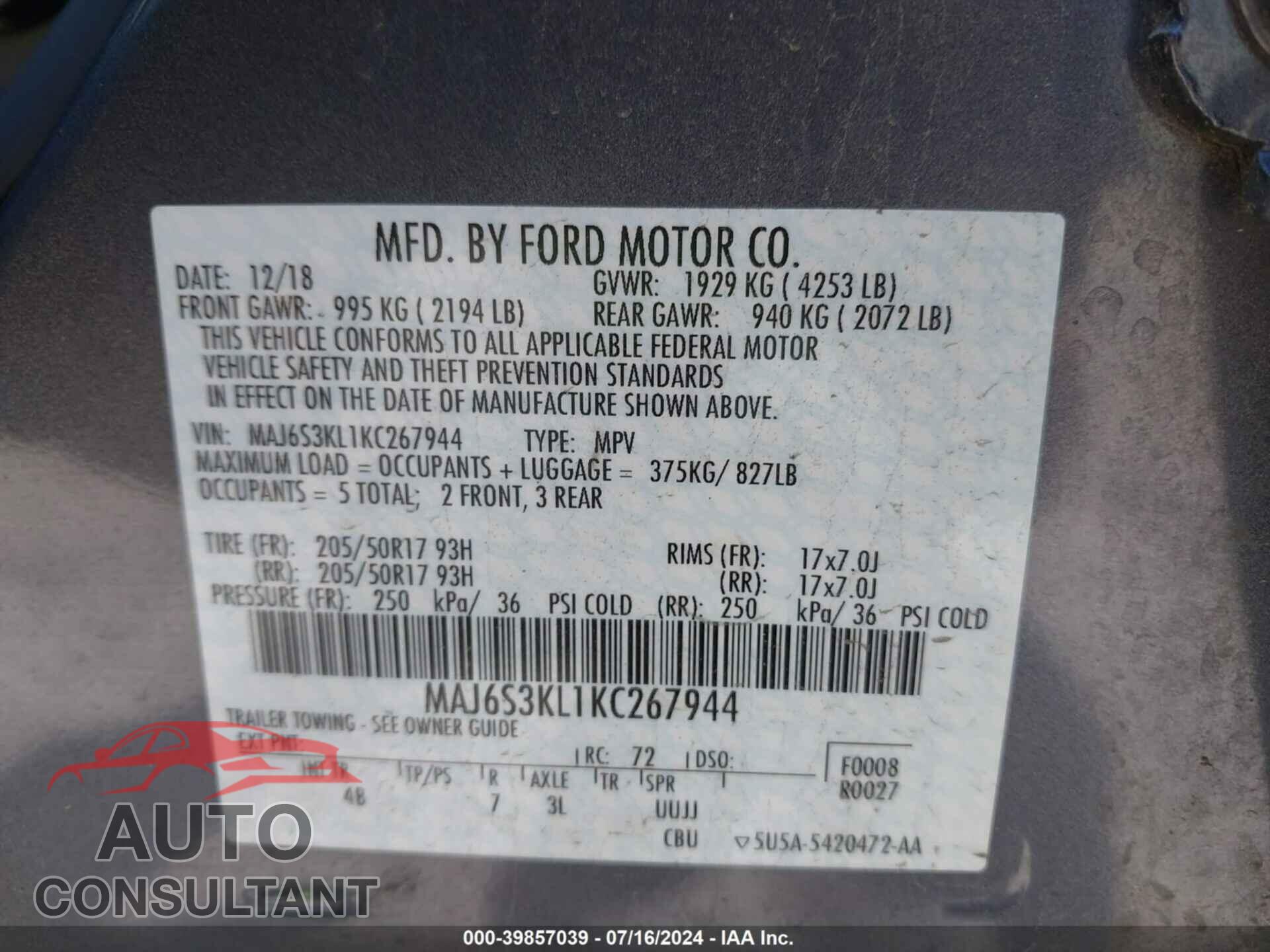 FORD ECOSPORT 2019 - MAJ6S3KL1KC267944