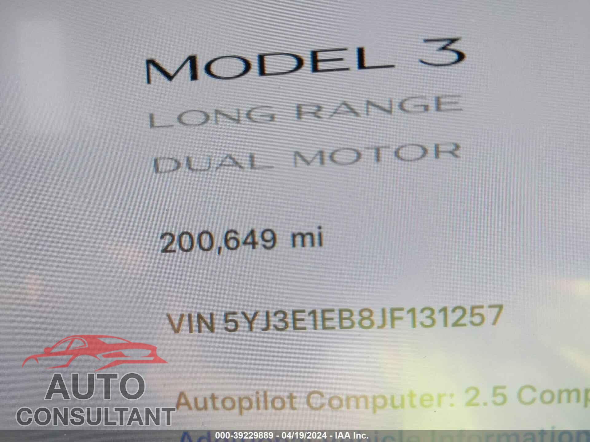 TESLA MODEL 3 2018 - 5YJ3E1EB8JF131257