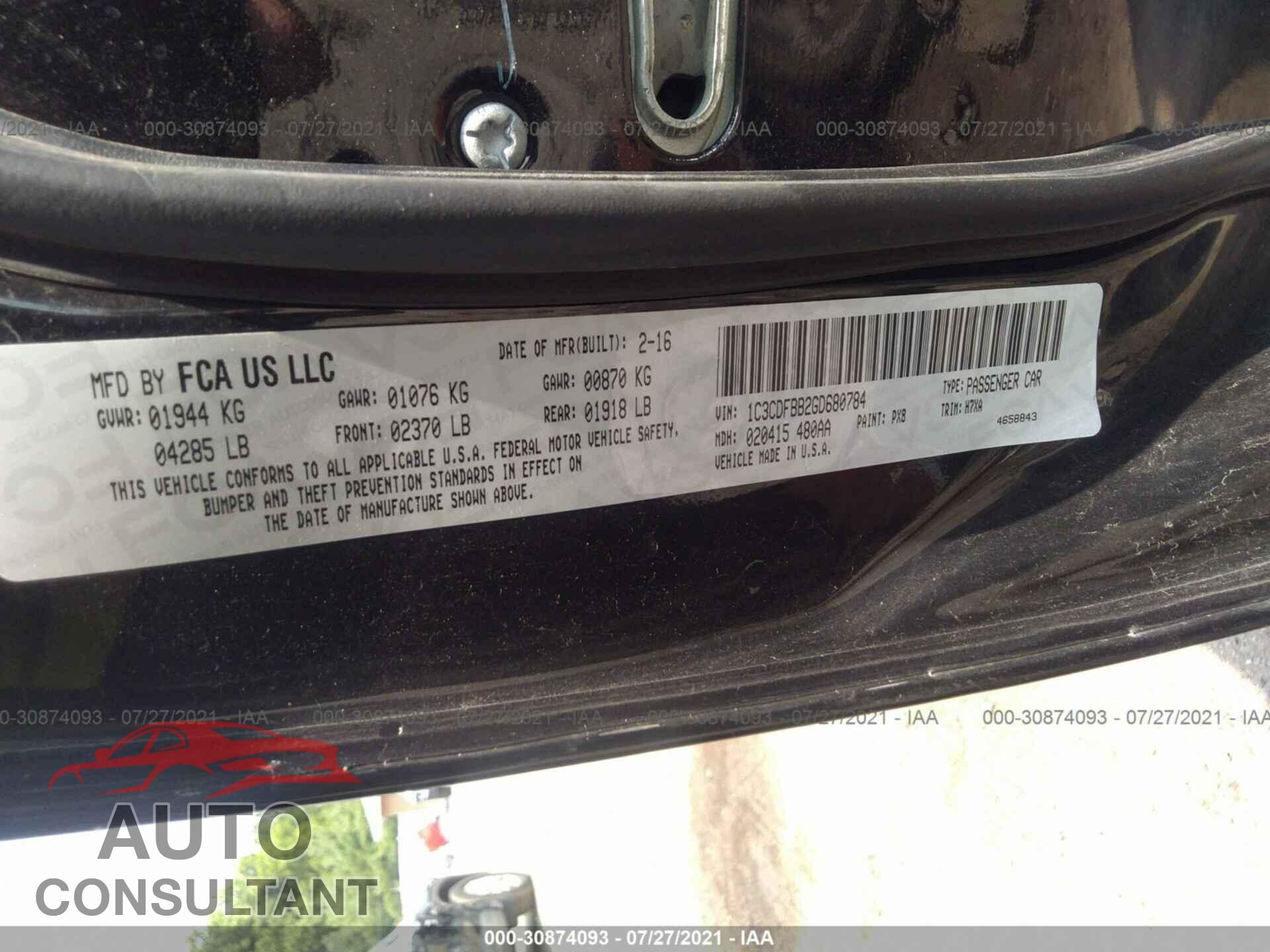 DODGE DART 2016 - 1C3CDFBB2GD680784