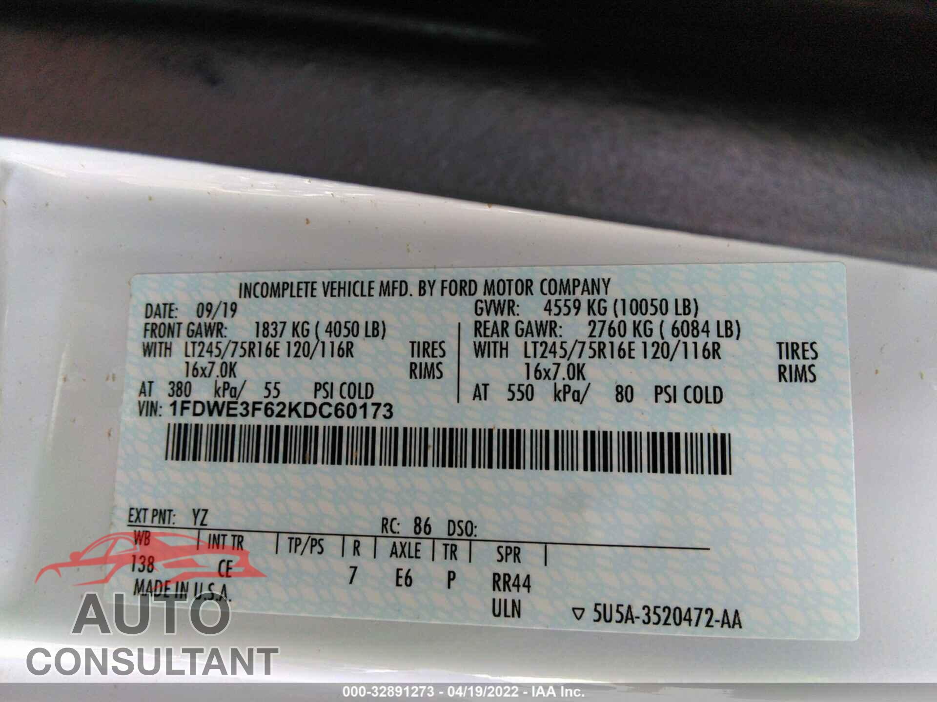 FORD E-SERIES CUTAWAY 2019 - 1FDWE3F62KDC60173