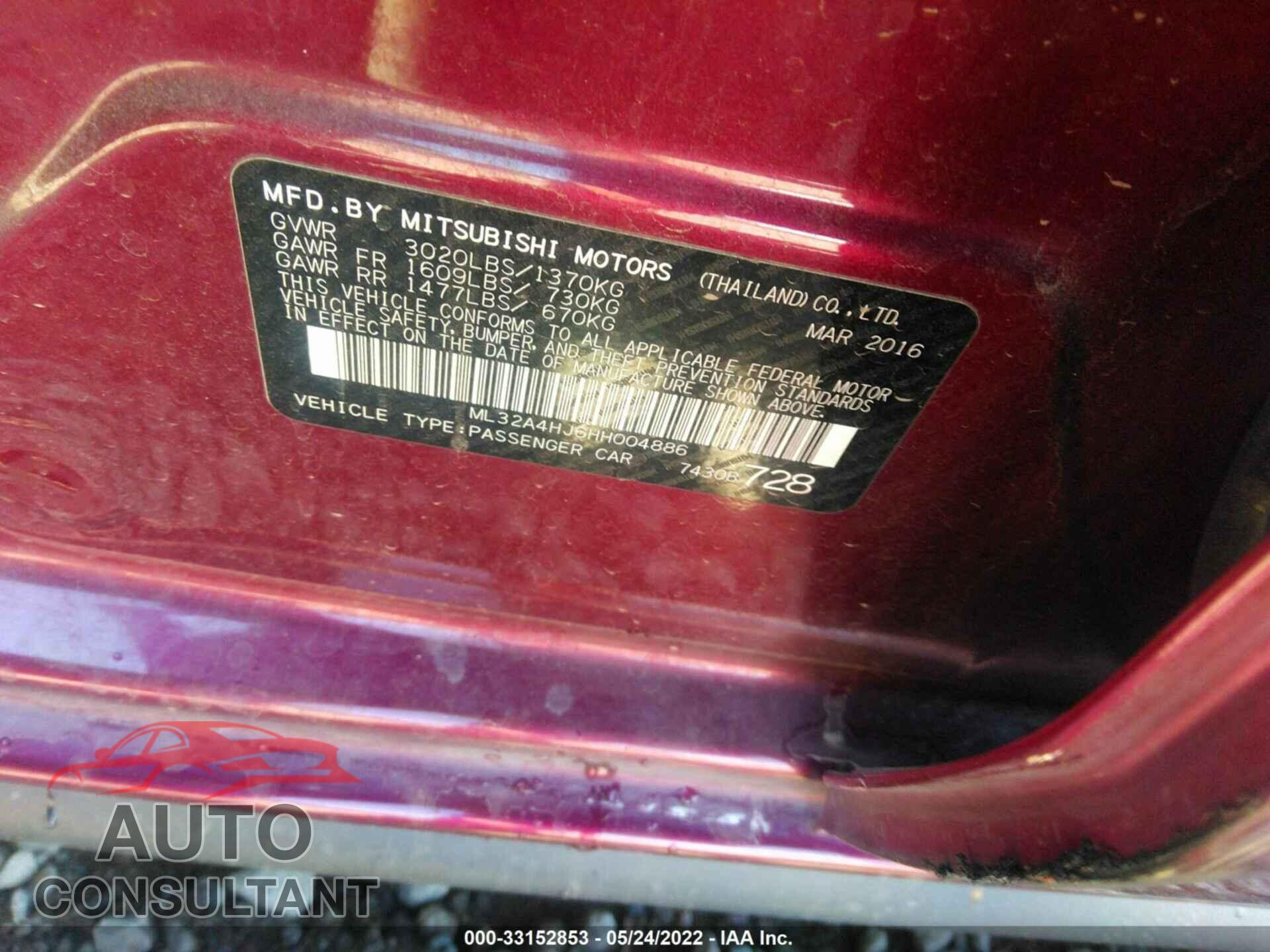 MITSUBISHI MIRAGE 2017 - ML32A4HJ6HH004886