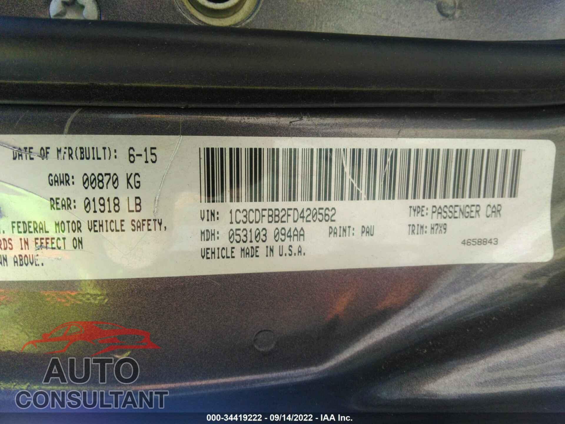 DODGE DART 2015 - 1C3CDFBB2FD420562