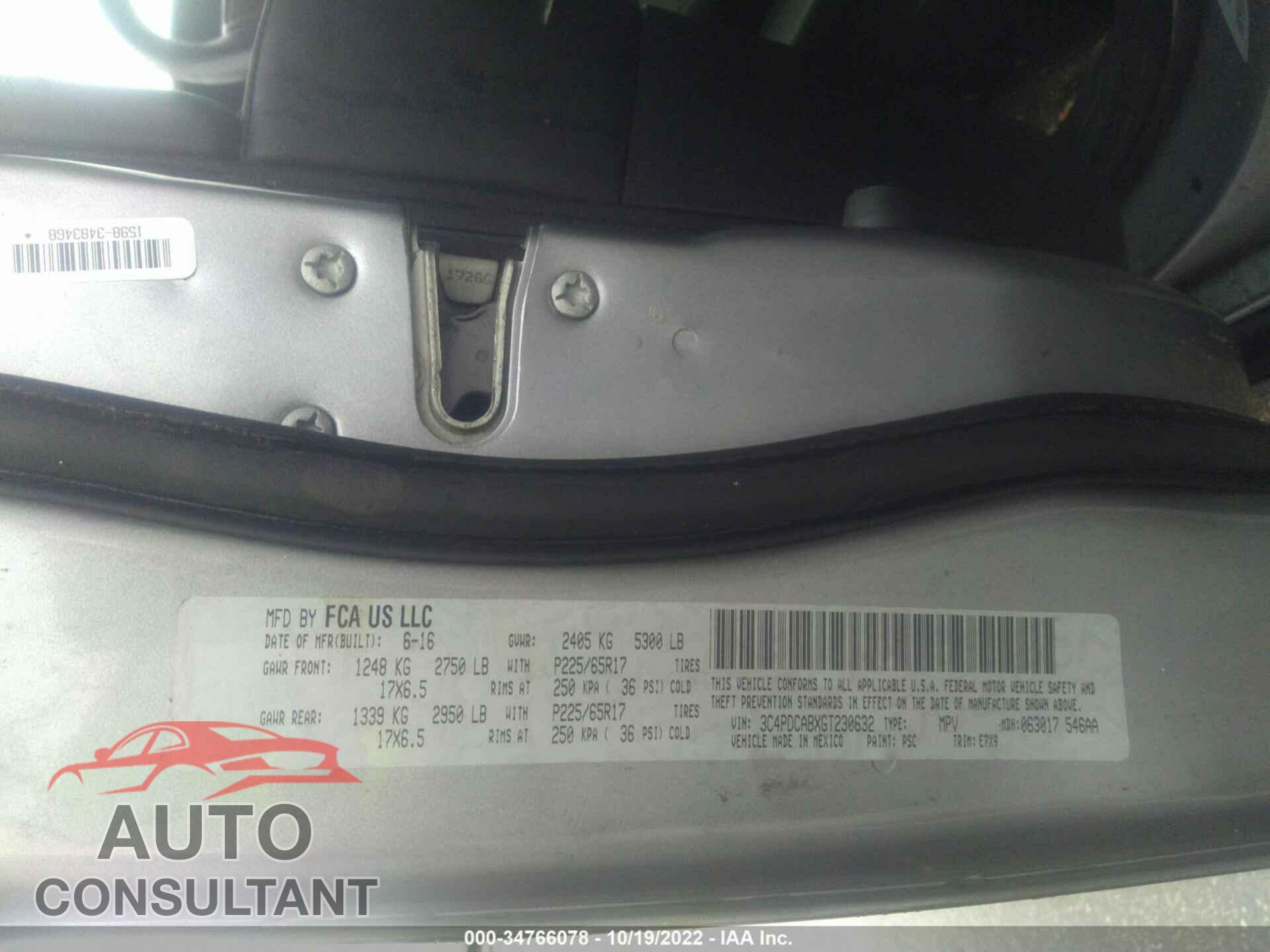 DODGE JOURNEY 2016 - 3C4PDCABXGT230632