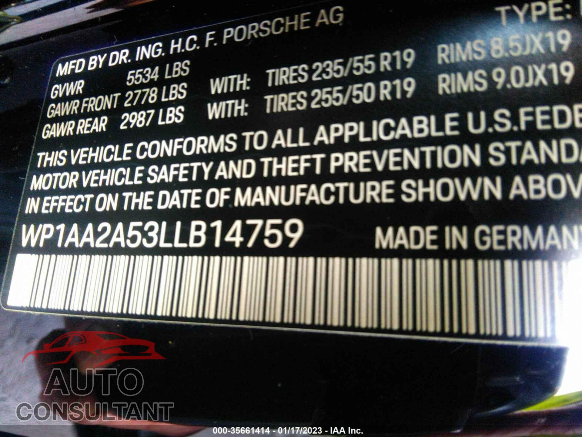PORSCHE MACAN 2020 - WP1AA2A53LLB14759
