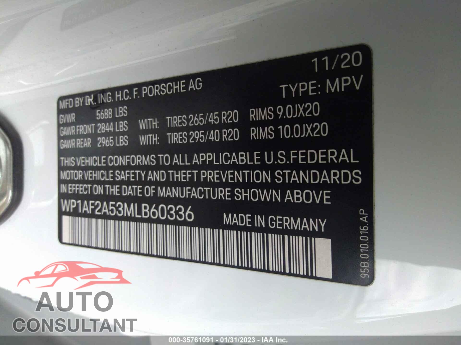 PORSCHE MACAN 2021 - WP1AF2A53MLB60336