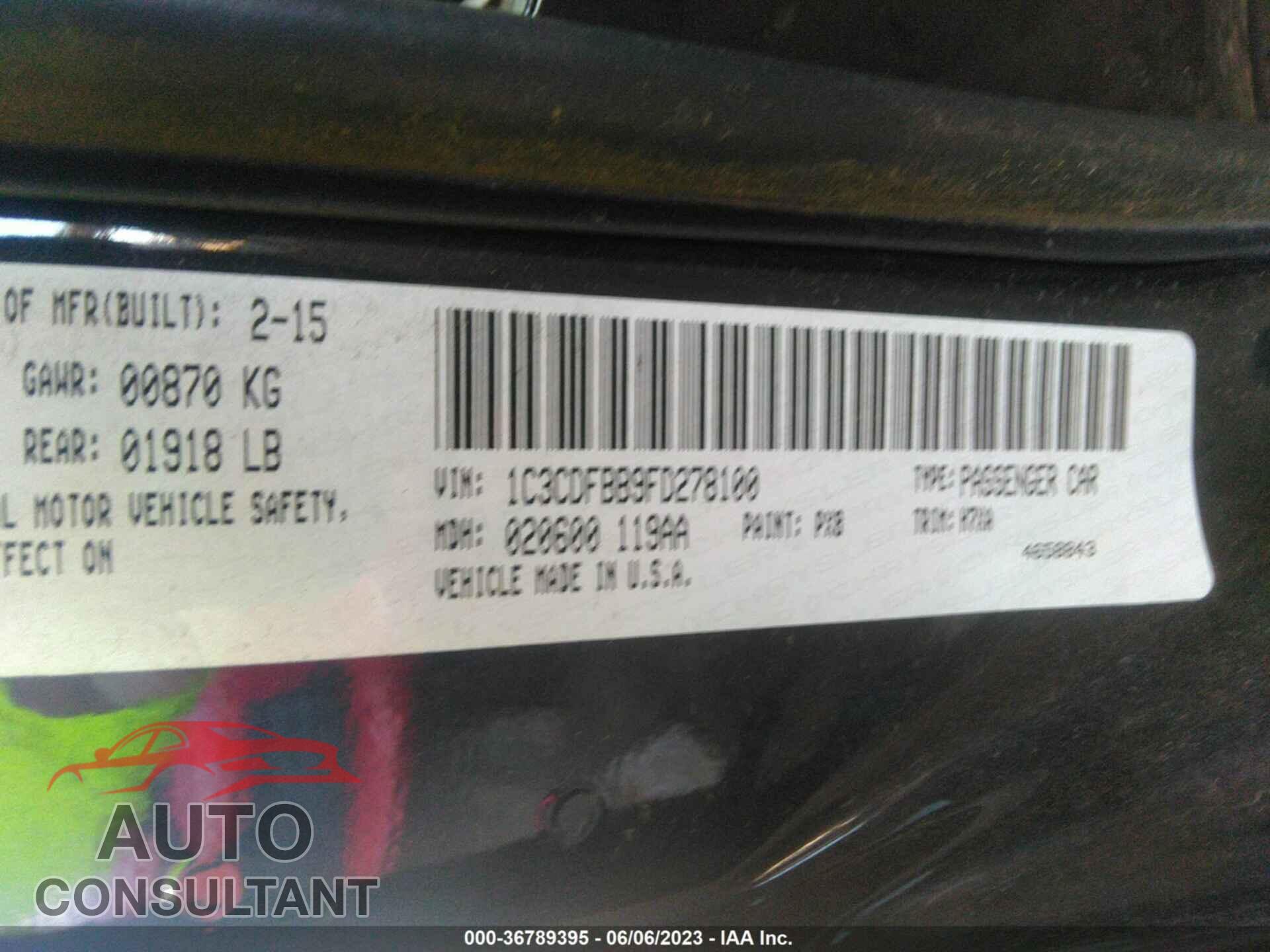 DODGE DART 2015 - 1C3CDFBB9FD278100