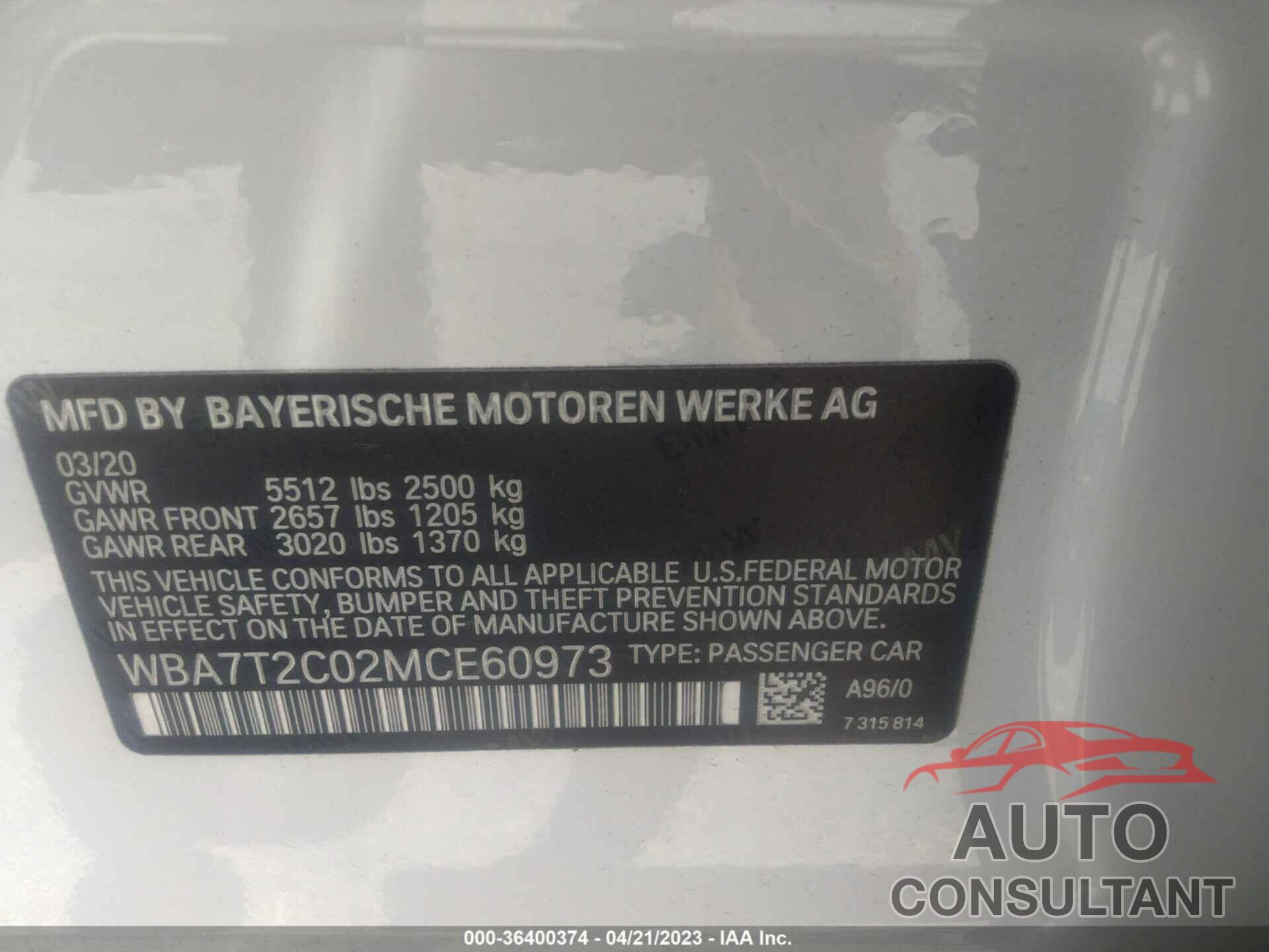 BMW 7 SERIES 2021 - WBA7T2C02MCE60973