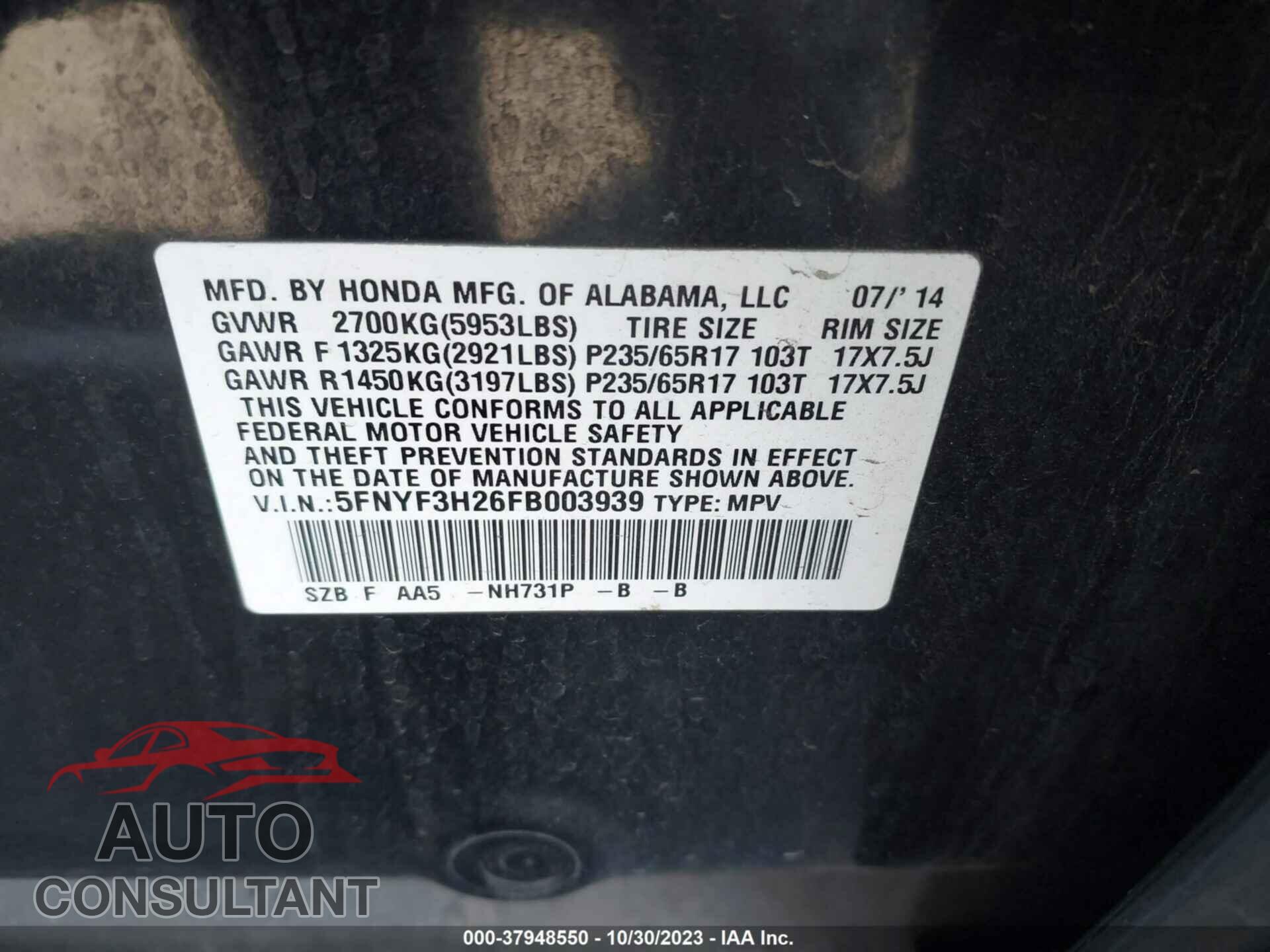 HONDA PILOT 2015 - 5FNYF3H26FB003939