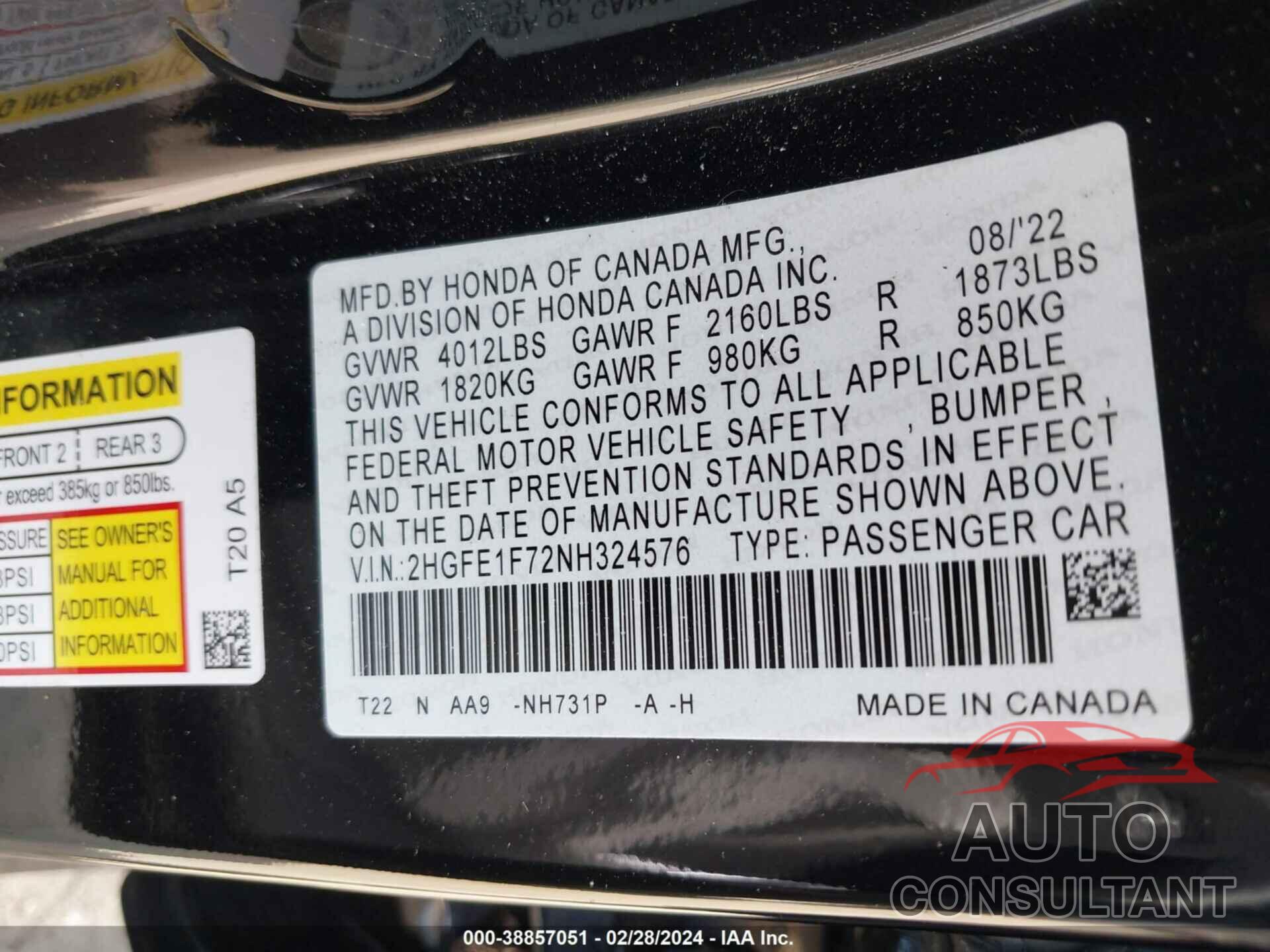 HONDA CIVIC 2022 - 2HGFE1F72NH324576