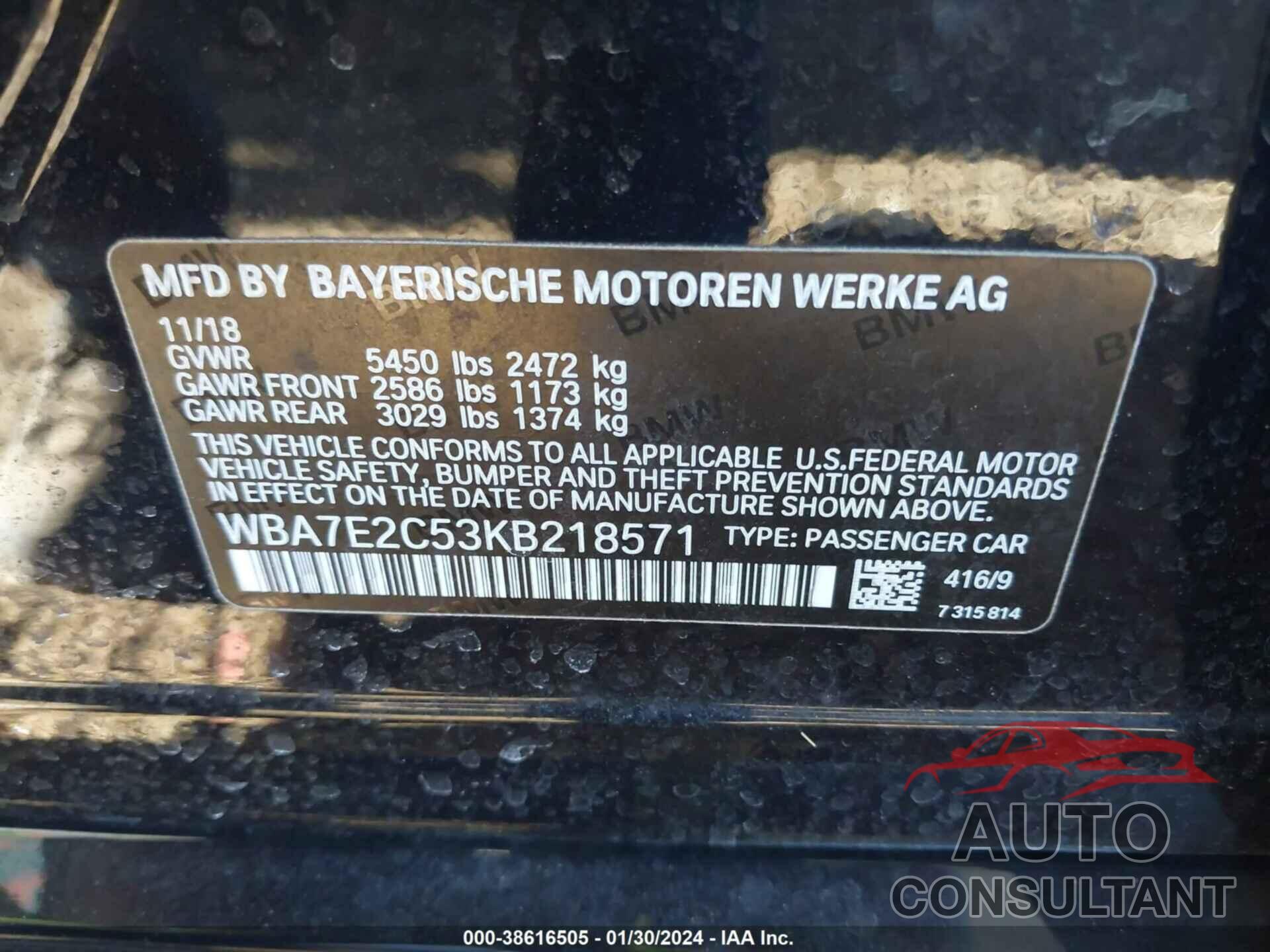 BMW 740I 2019 - WBA7E2C53KB218571
