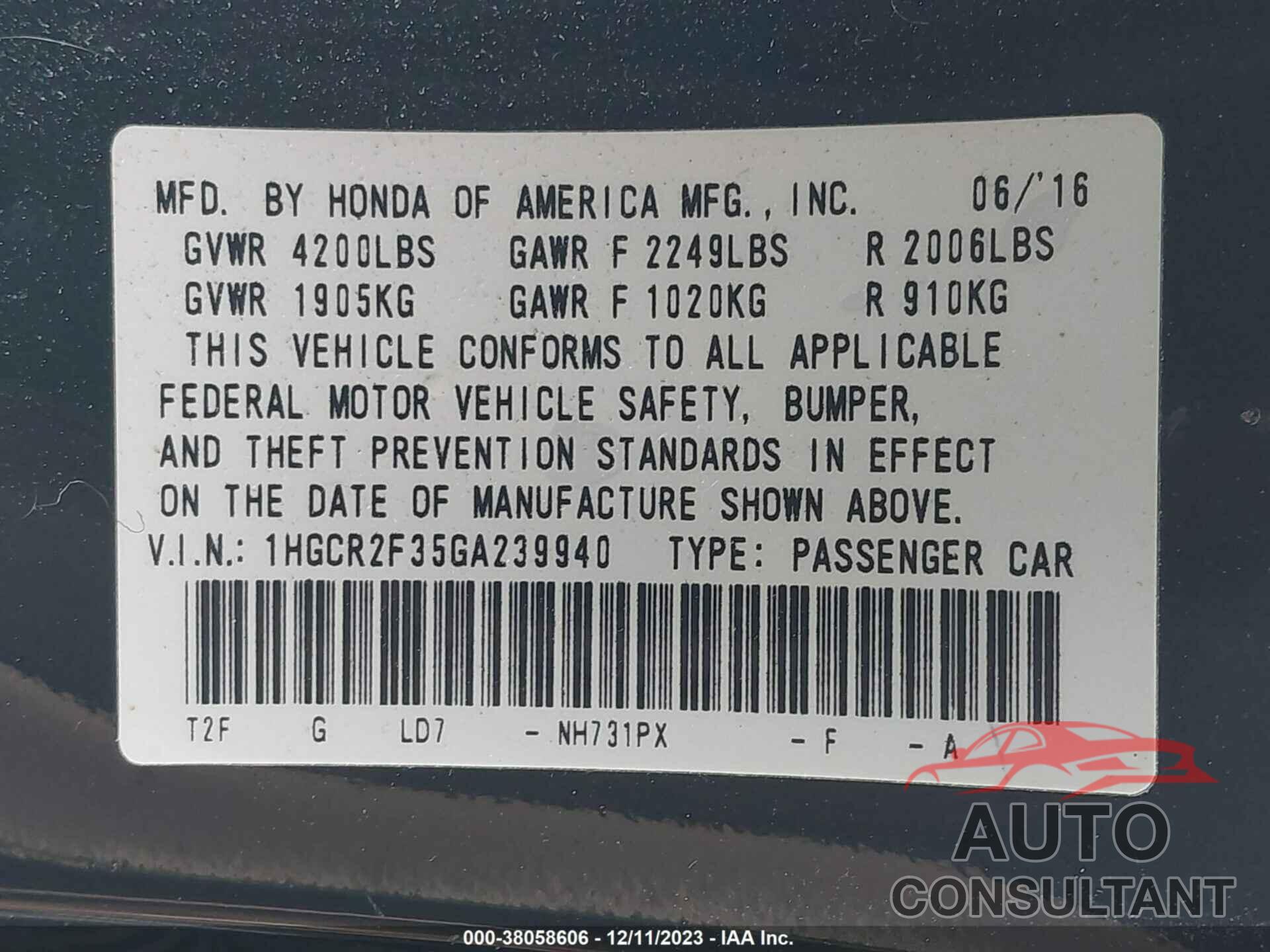 HONDA ACCORD SEDAN 2016 - 1HGCR2F35GA239940