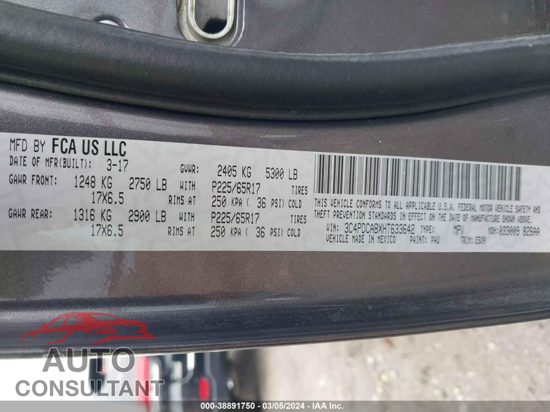 DODGE JOURNEY 2017 - 3C4PDCABXHT633642