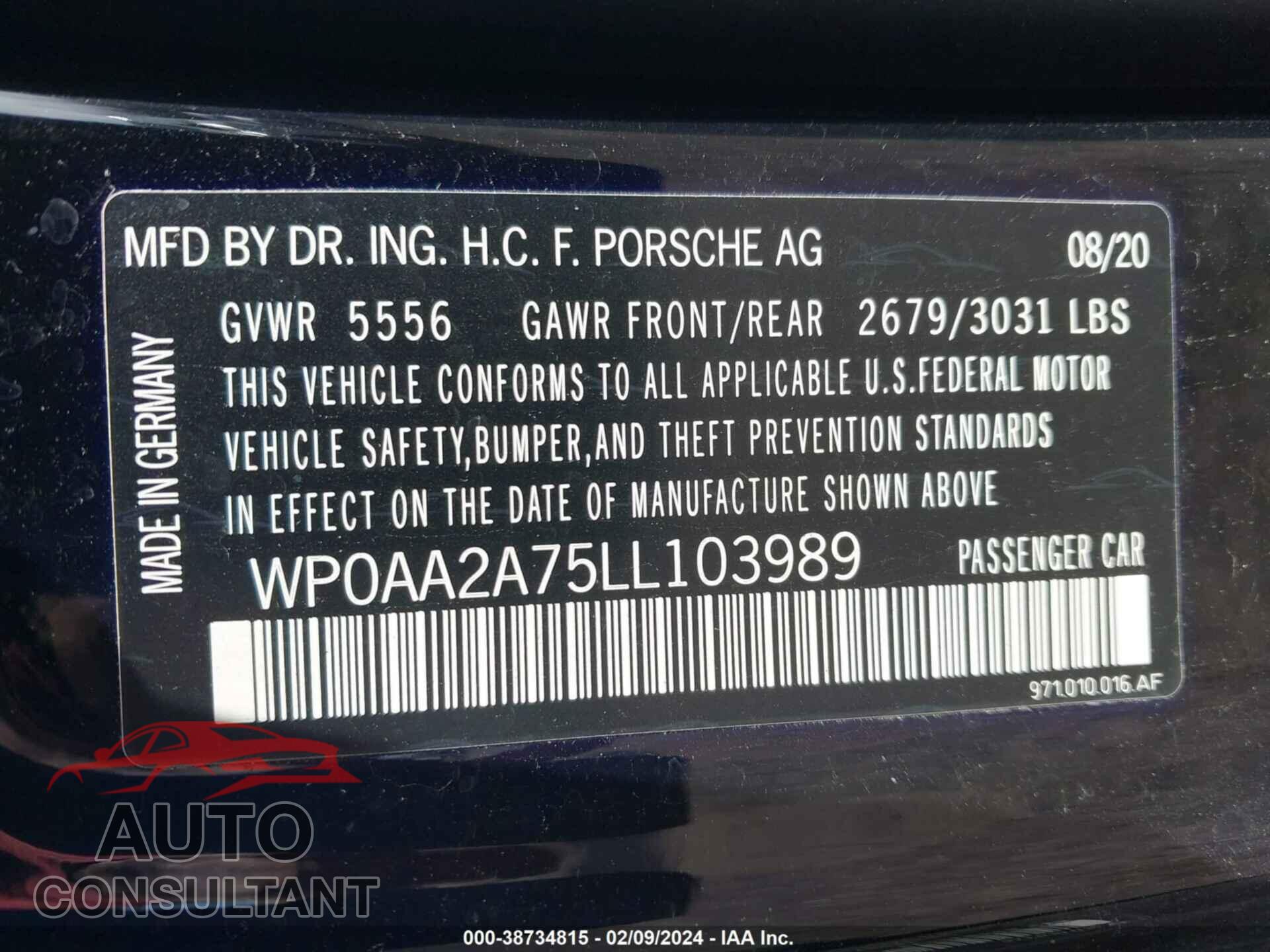 PORSCHE PANAMERA 2020 - WP0AA2A75LL103989