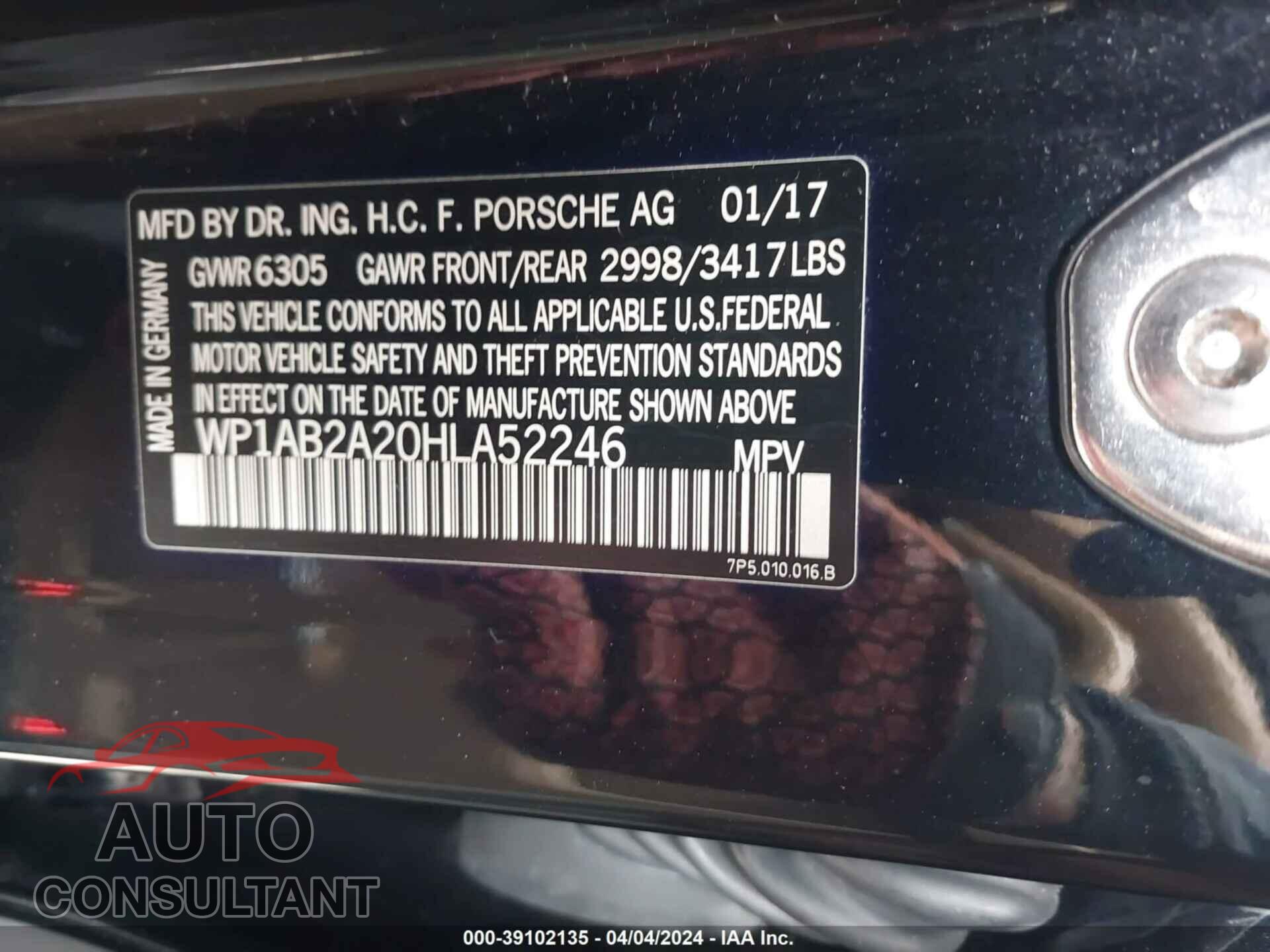 PORSCHE CAYENNE 2017 - WP1AB2A20HLA52246