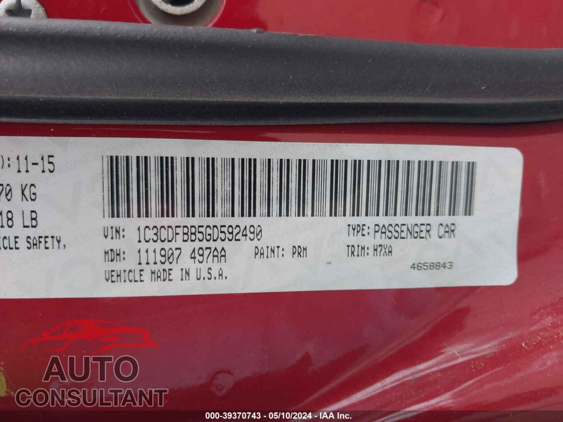 DODGE DART 2016 - 1C3CDFBB5GD592490