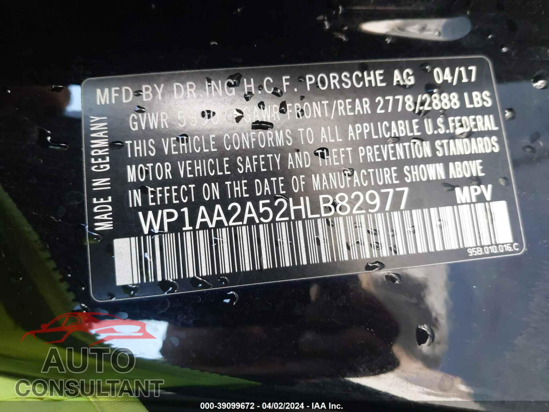 PORSCHE MACAN 2017 - WP1AA2A52HLB82977