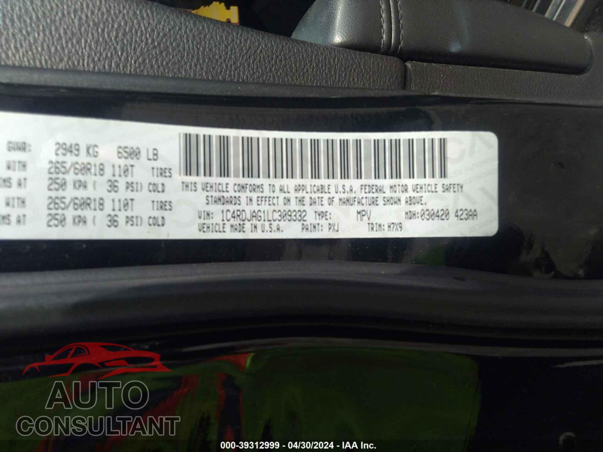 DODGE DURANGO 2020 - 1C4RDJAG1LC309332