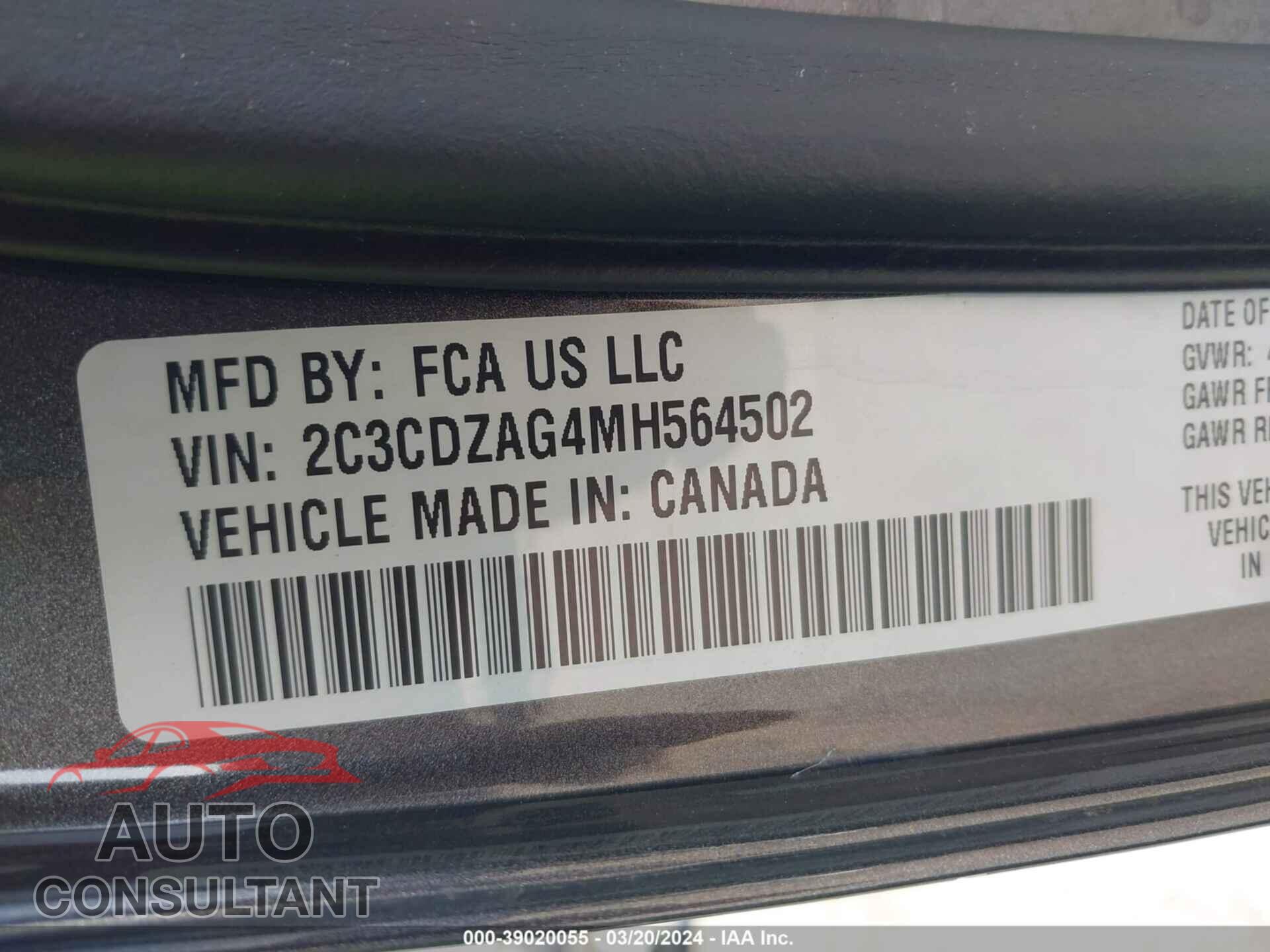DODGE CHALLENGER 2021 - 2C3CDZAG4MH564502