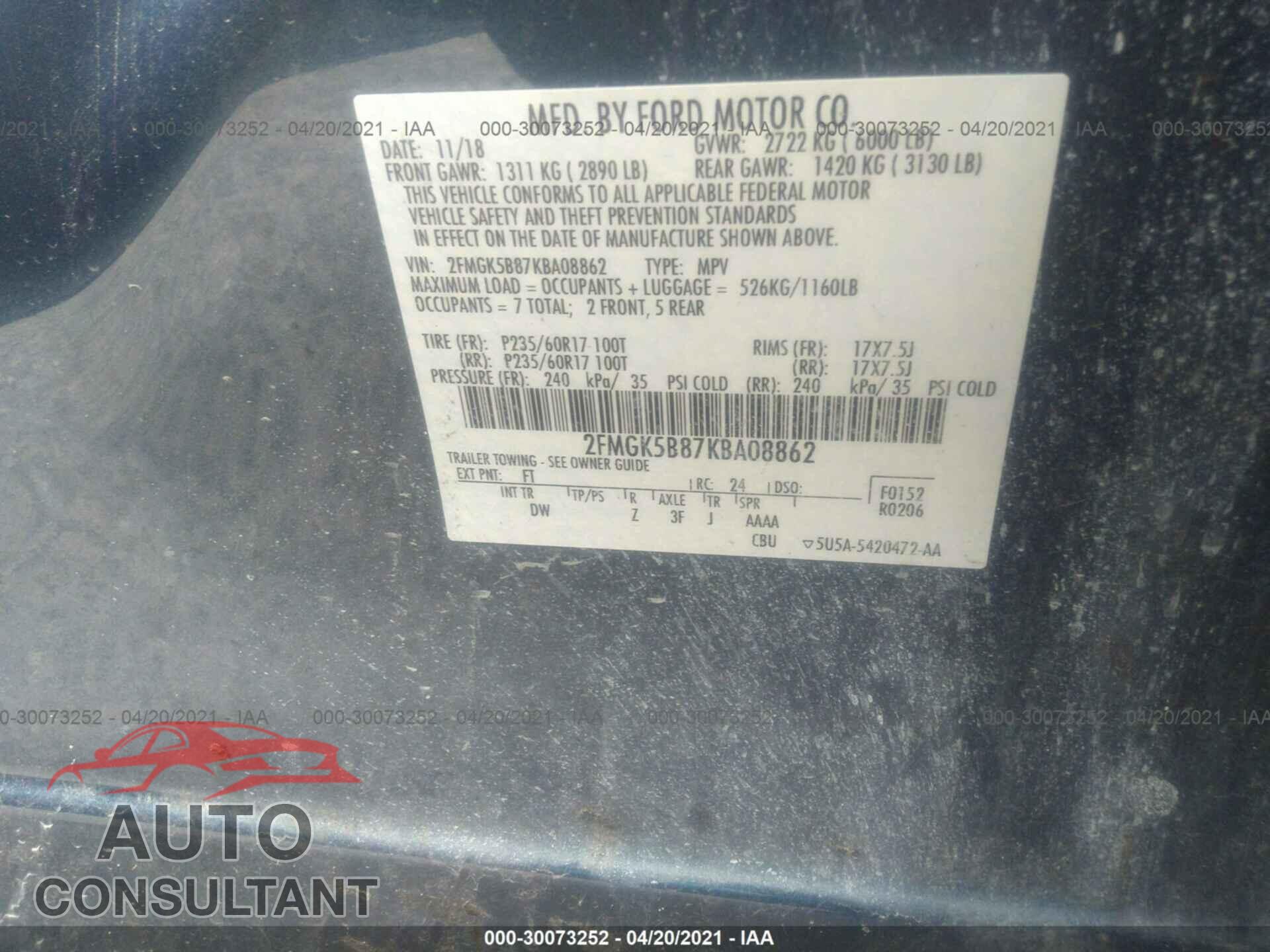 FORD FLEX 2019 - 2FMGK5B87KBA08862