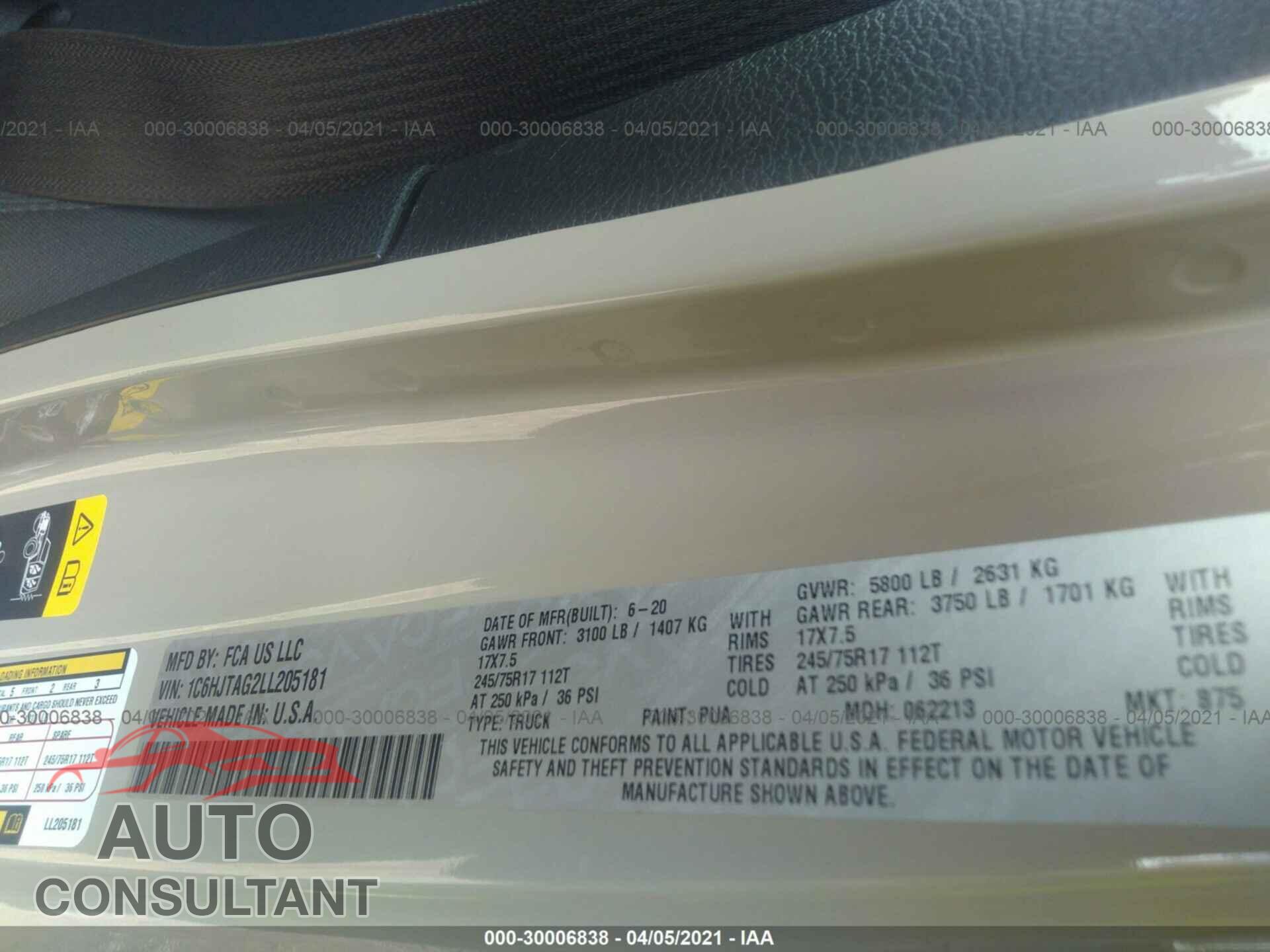 JEEP GLADIATOR 2020 - 1C6HJTAG2LL205181