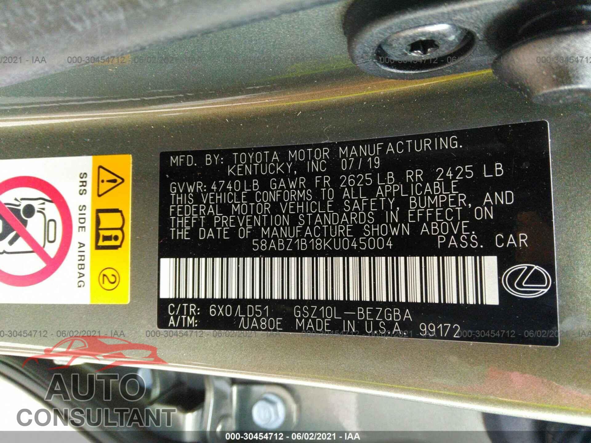LEXUS ES 2019 - 58ABZ1B18KU045004