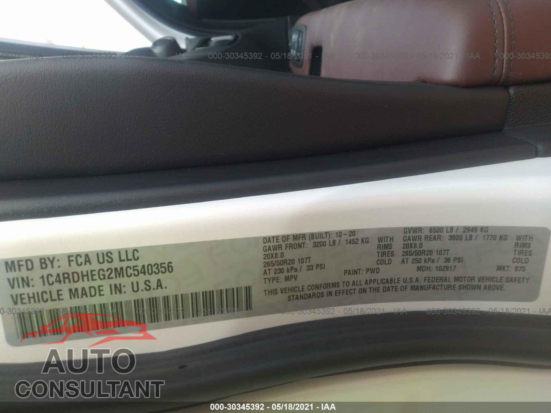 DODGE DURANGO 2021 - 1C4RDHEG2MC540356