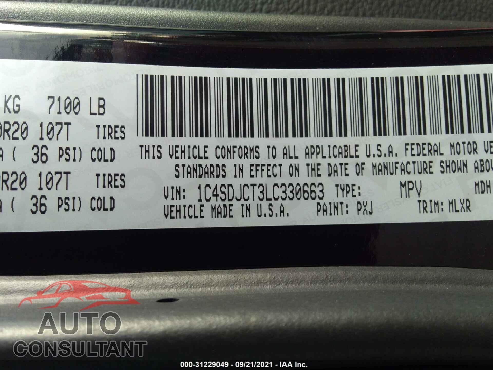 DODGE DURANGO 2020 - 1C4SDJCT3LC330663