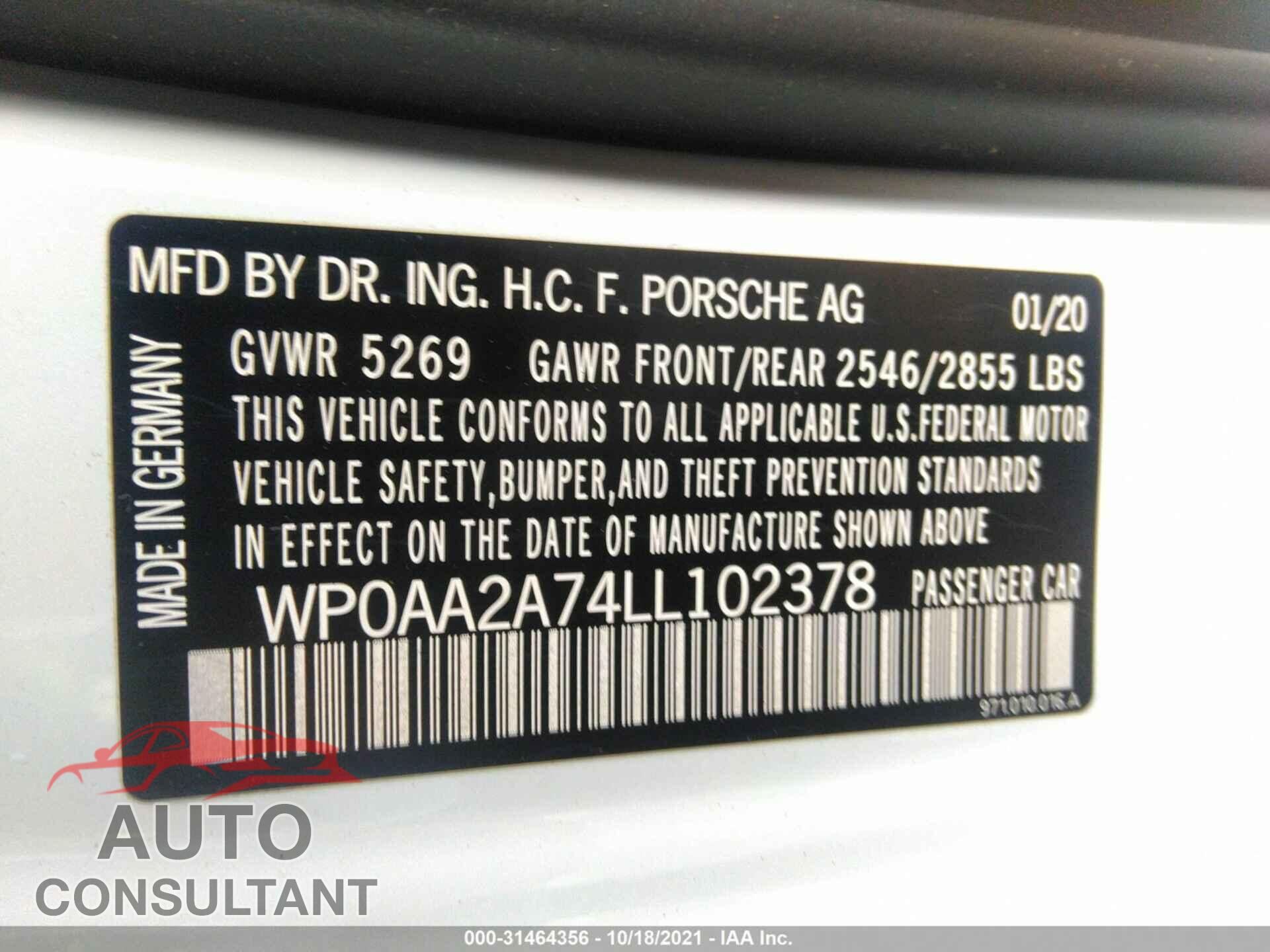 PORSCHE PANAMERA 2020 - WP0AA2A74LL102378