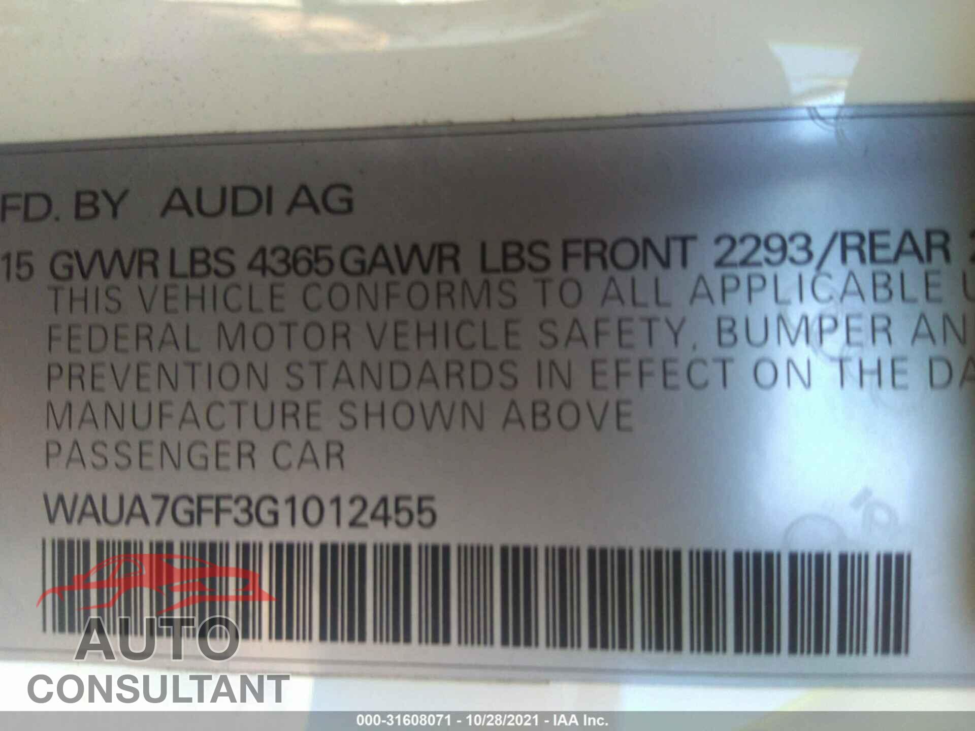 AUDI A3 2016 - WAUA7GFF3G1012455