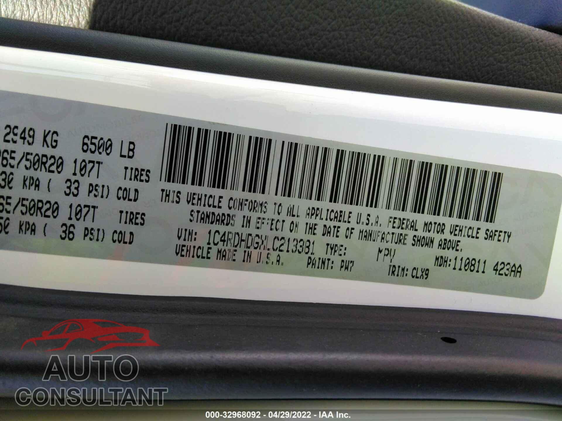DODGE DURANGO 2020 - 1C4RDHDGXLC213381