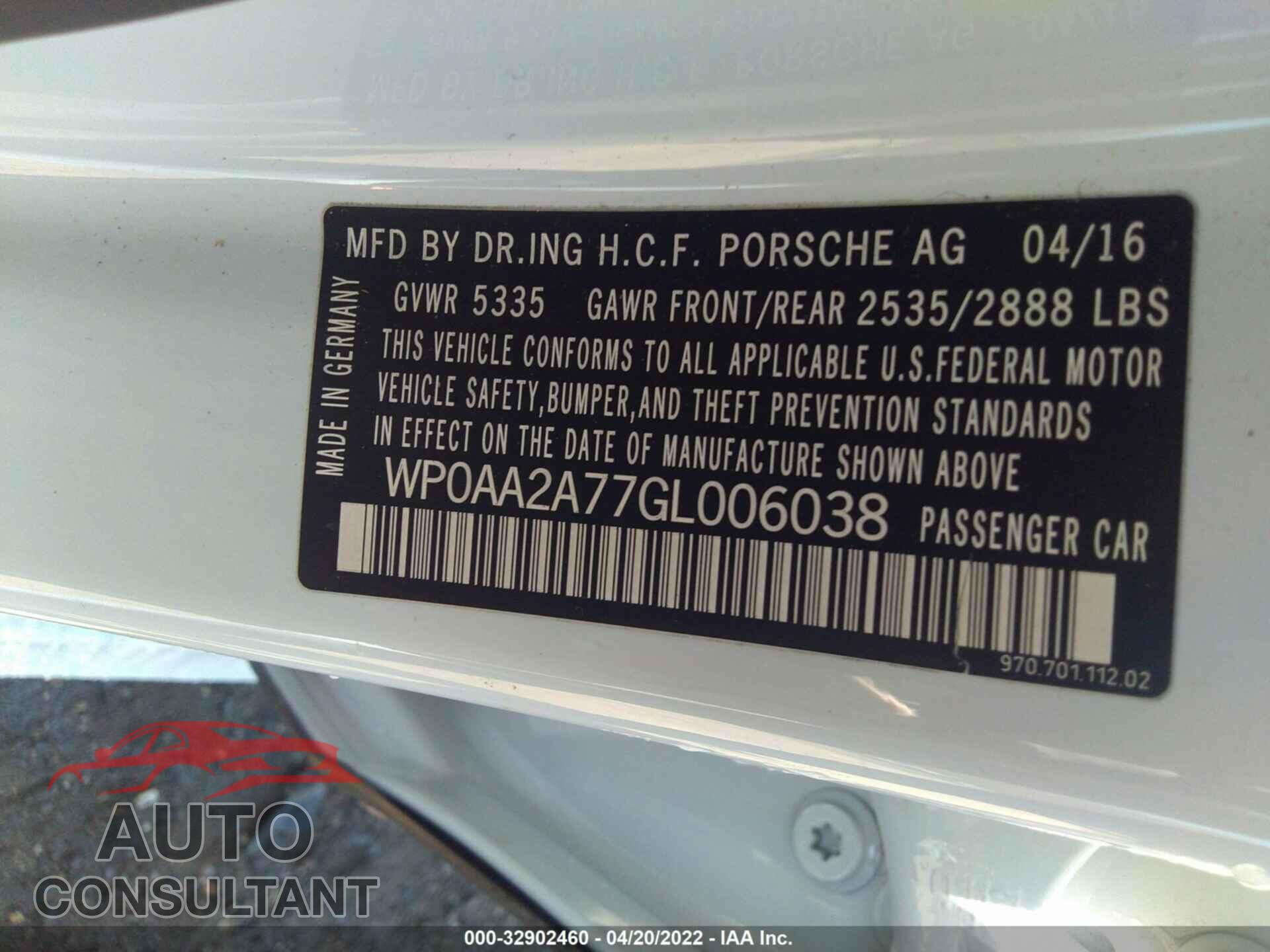 PORSCHE PANAMERA 2016 - WP0AA2A77GL006038