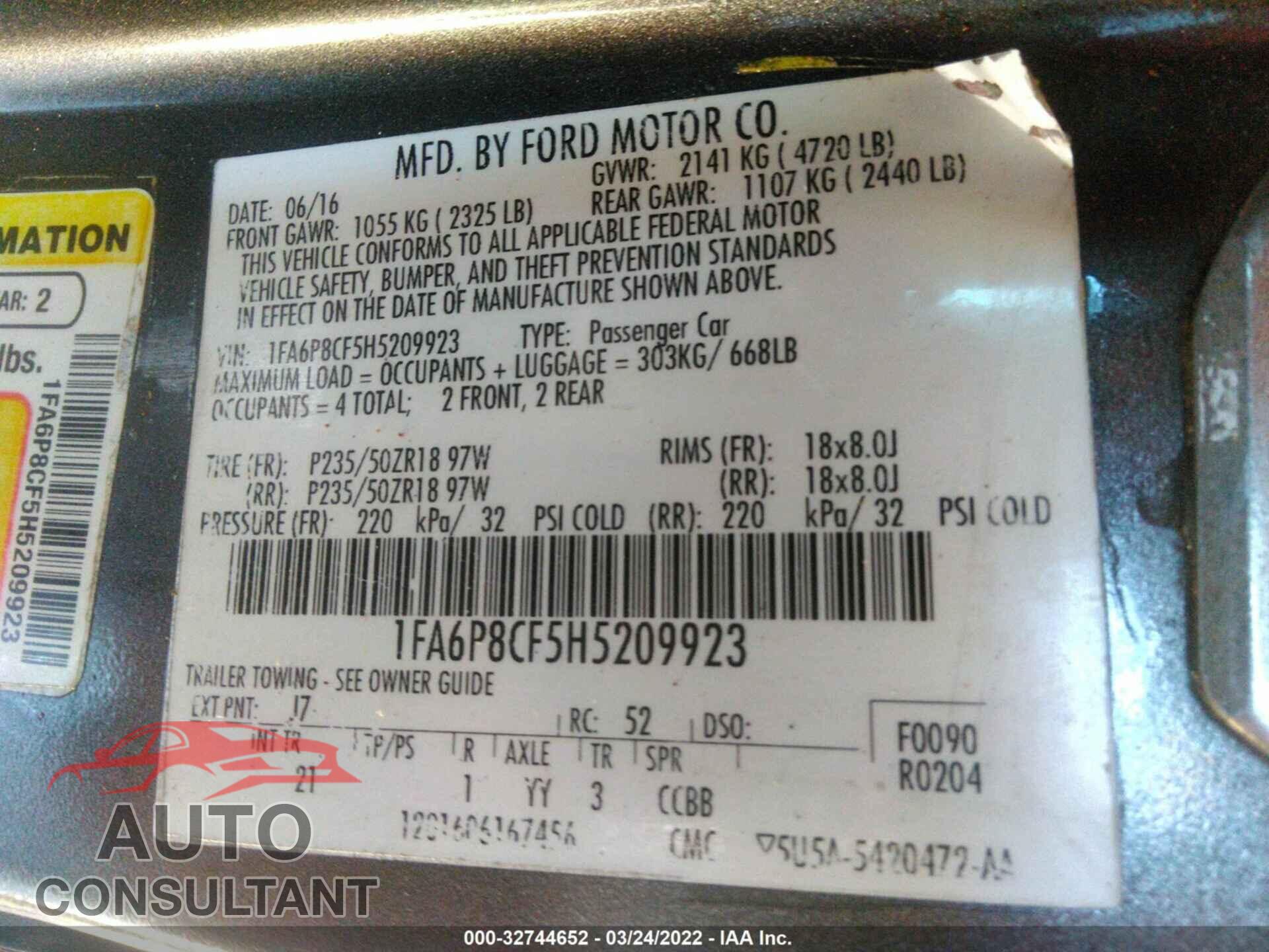 FORD MUSTANG 2017 - 1FA6P8CF5H5209923