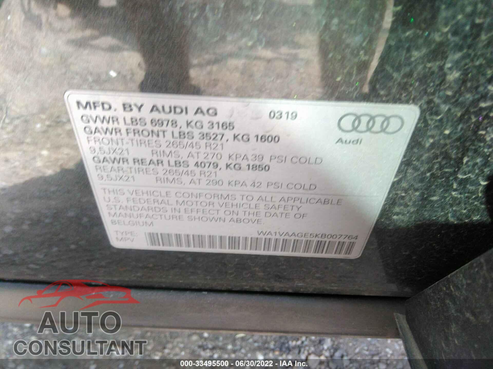 AUDI E-TRON 2019 - WA1VAAGE5KB007764