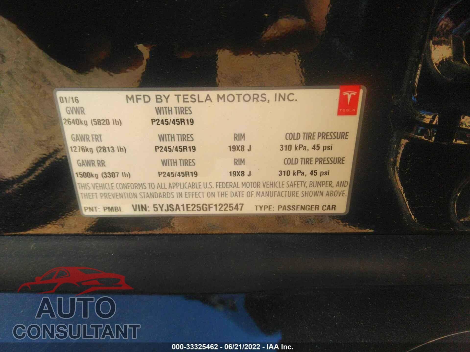 TESLA MODEL S 2016 - 5YJSA1E25GF122547