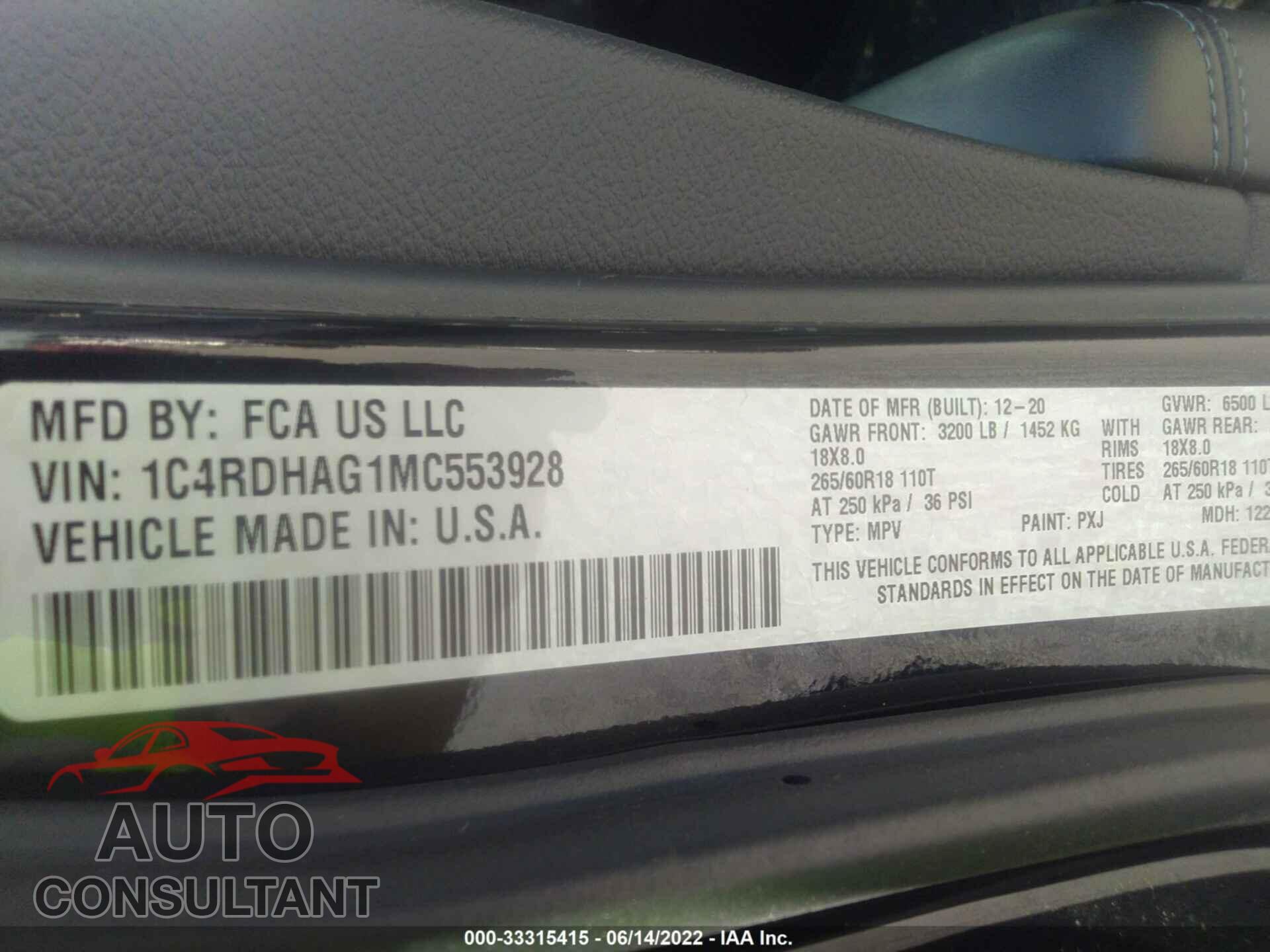 DODGE DURANGO 2021 - 1C4RDHAG1MC553928