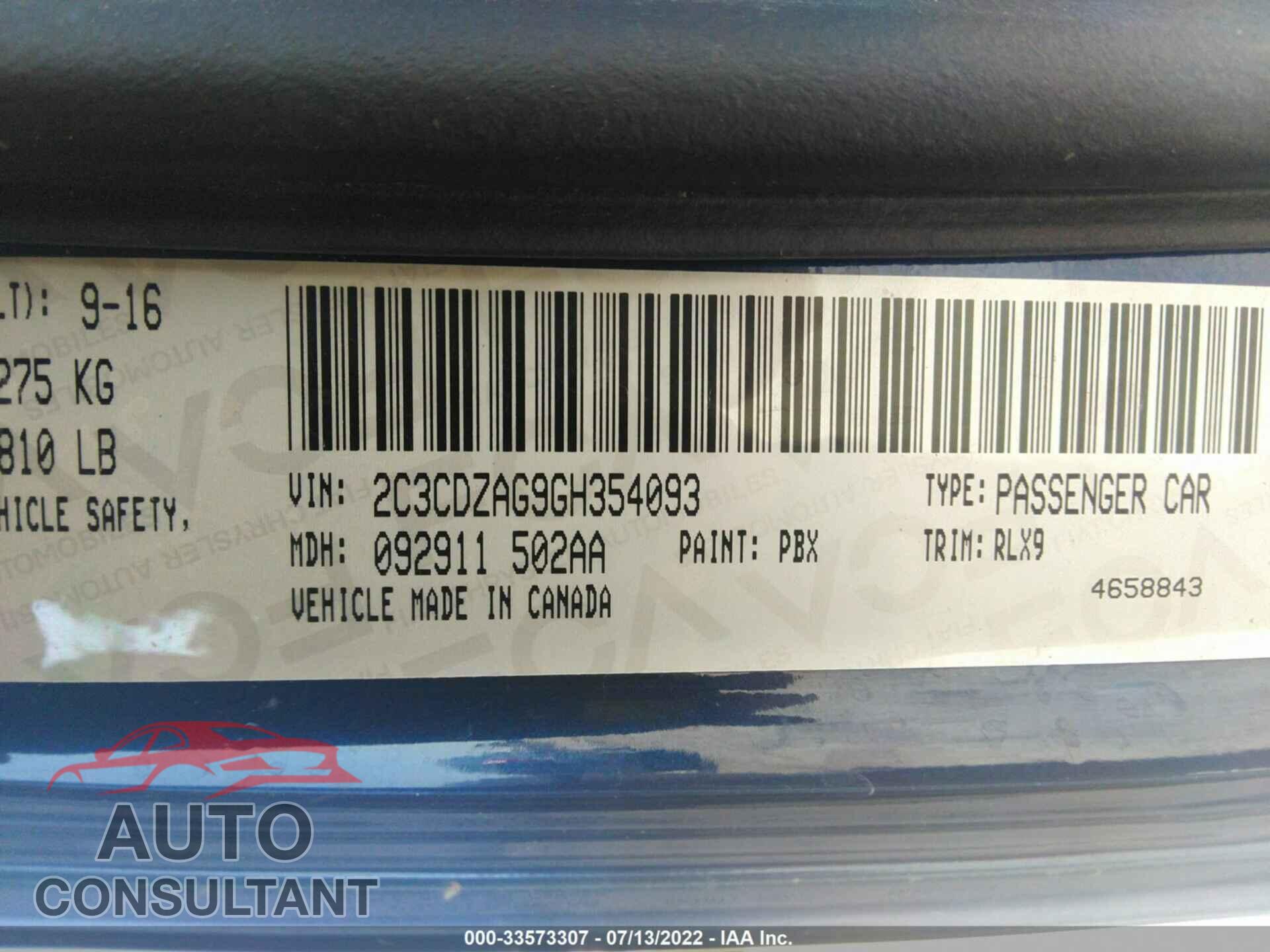 DODGE CHALLENGER 2016 - 2C3CDZAG9GH354093
