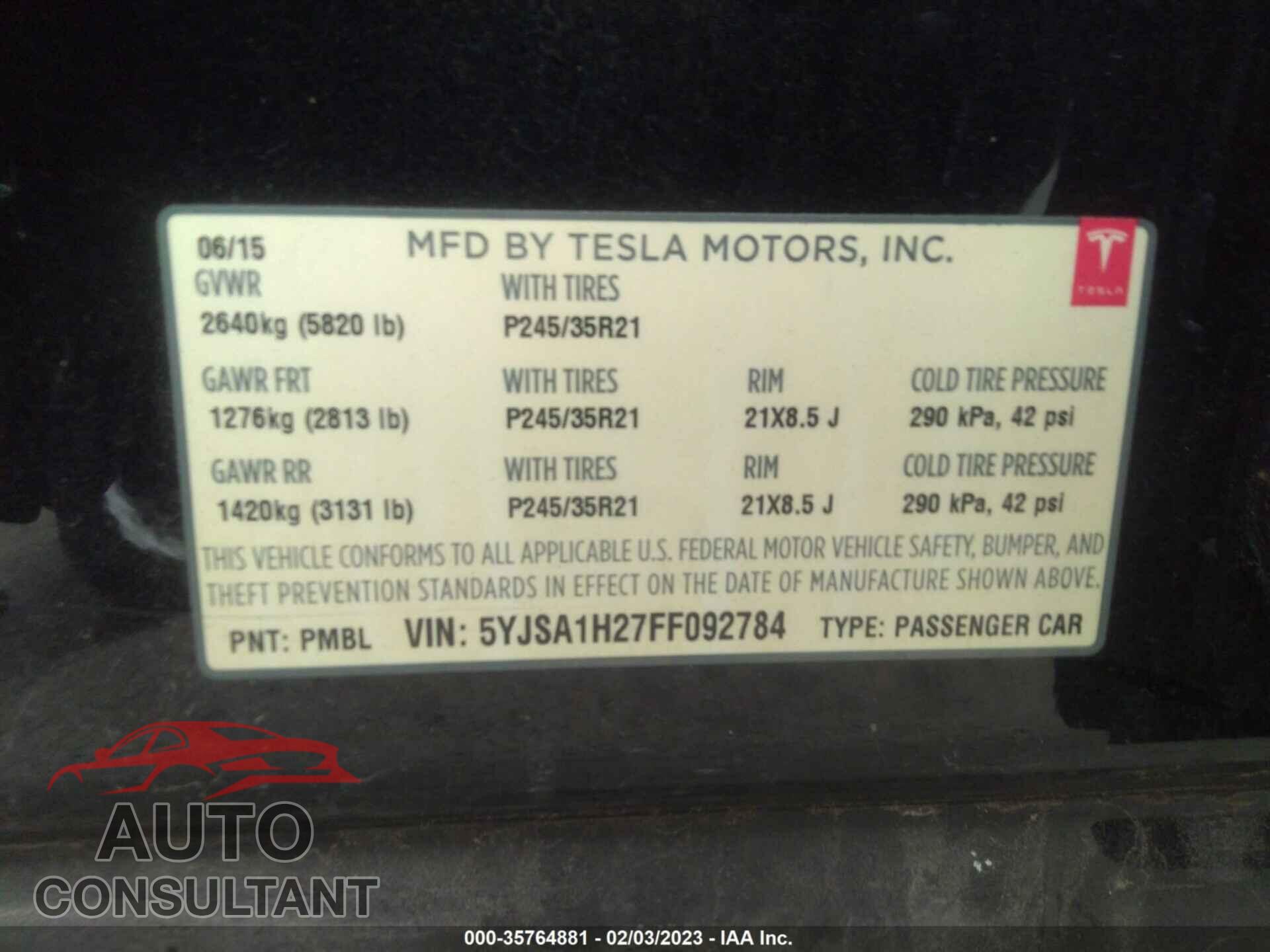 TESLA MODEL S 2015 - 5YJSA1H27FF092784