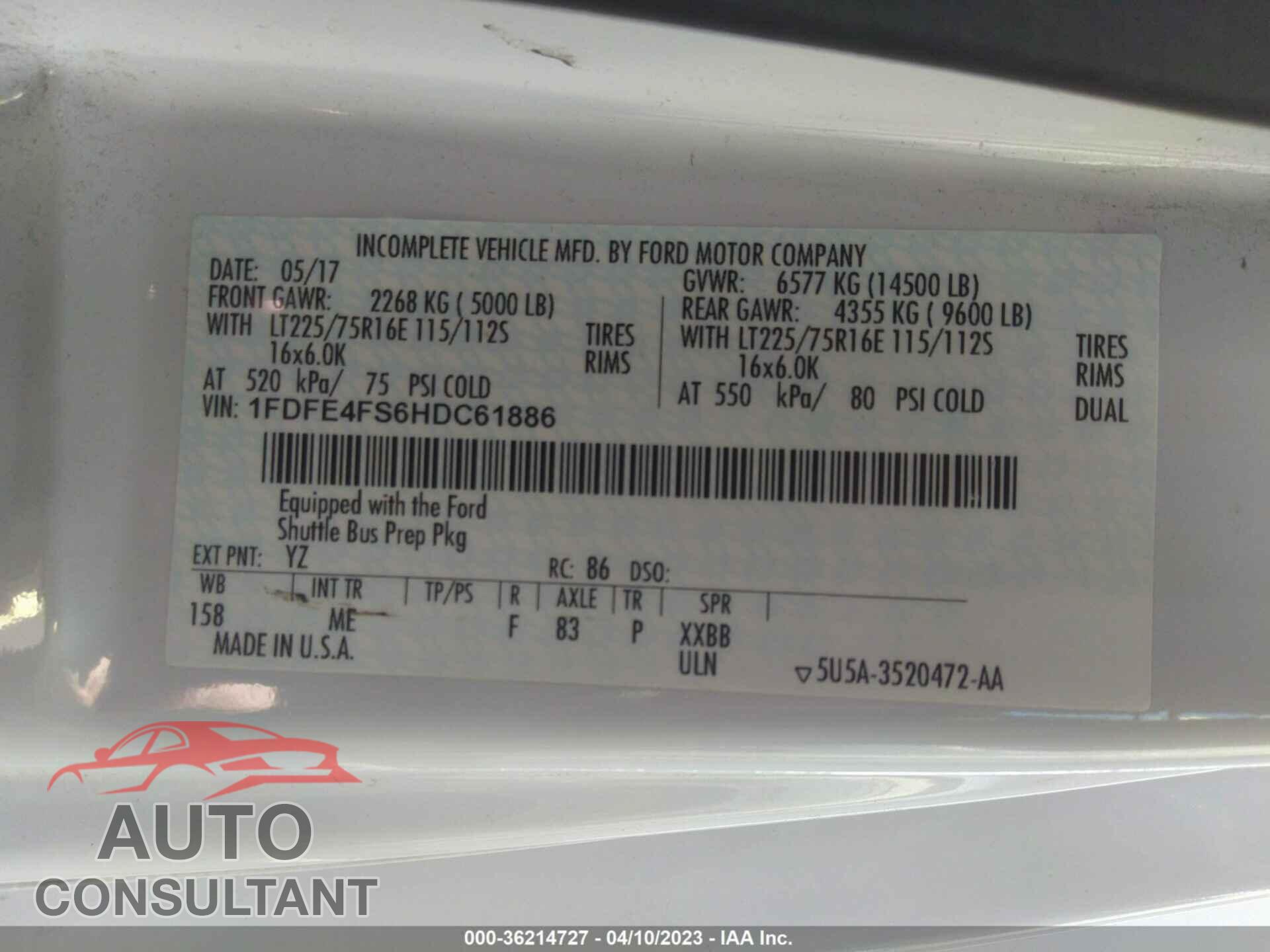 FORD E450 2017 - 1FDFE4FS6HDC61886