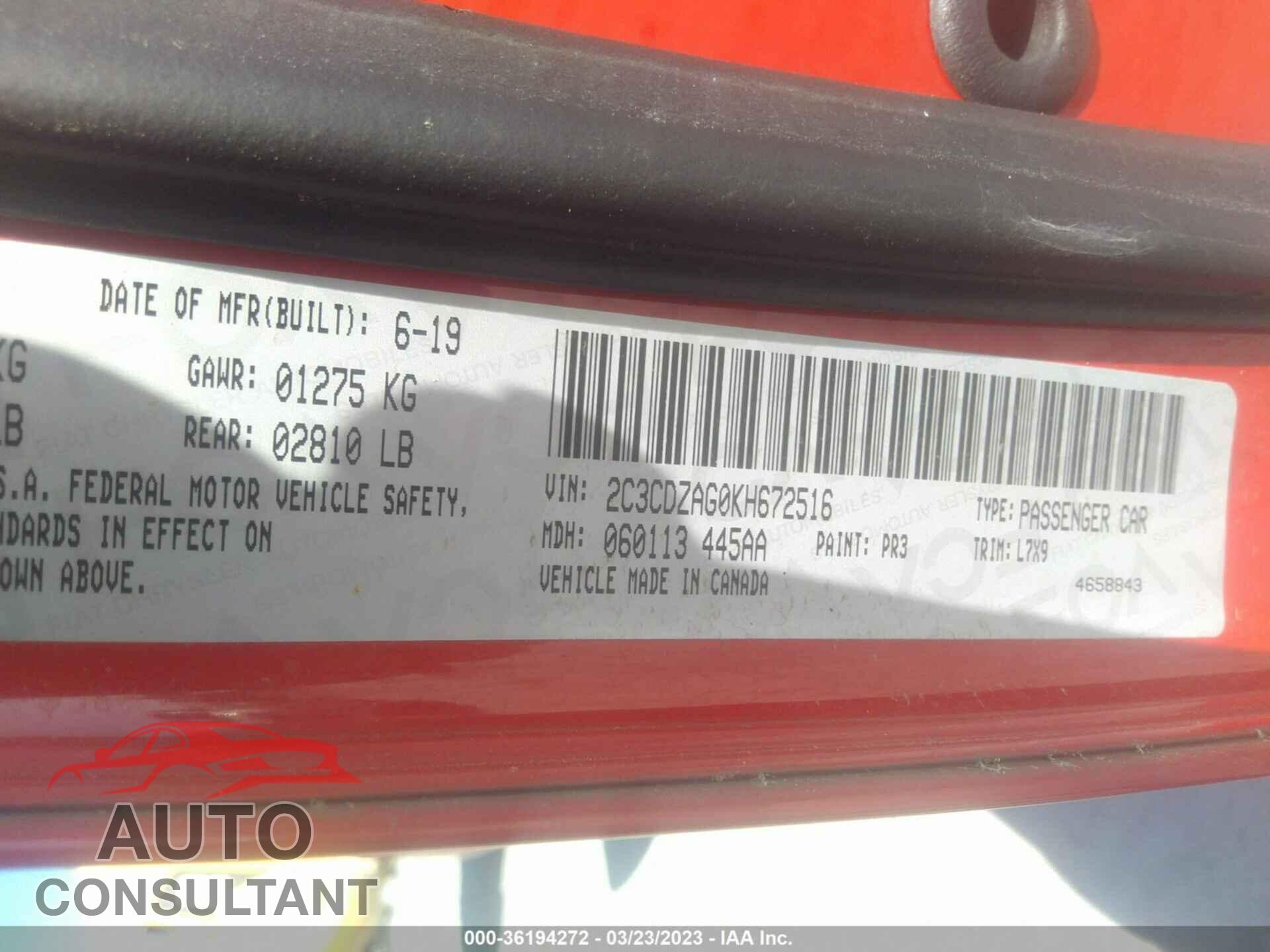 DODGE CHALLENGER 2019 - 2C3CDZAG0KH672516