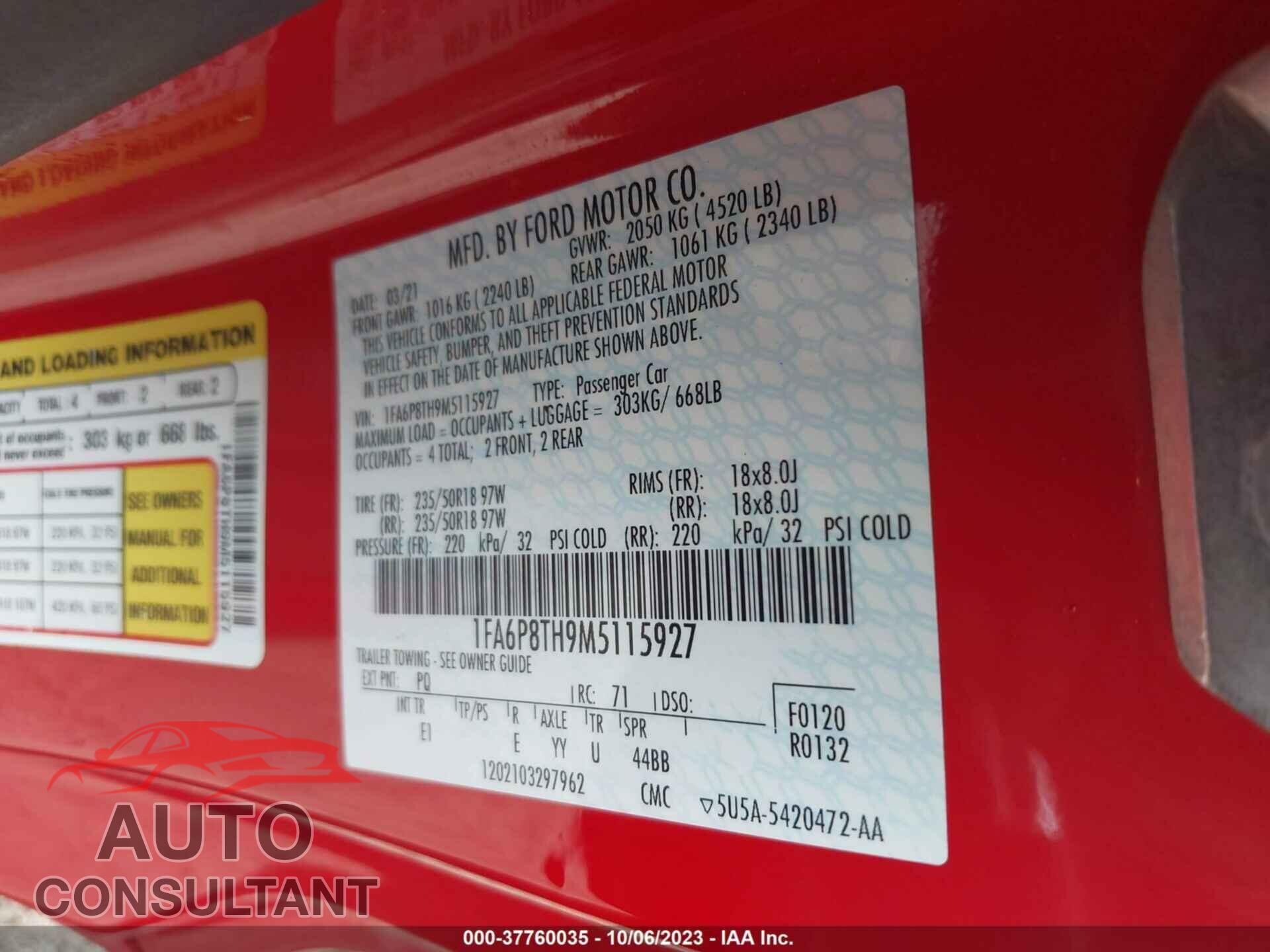 FORD MUSTANG 2021 - 1FA6P8TH9M5115927