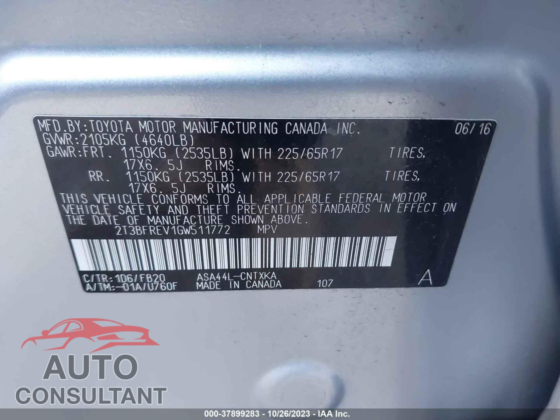TOYOTA RAV4 2016 - 2T3BFREV1GW511772
