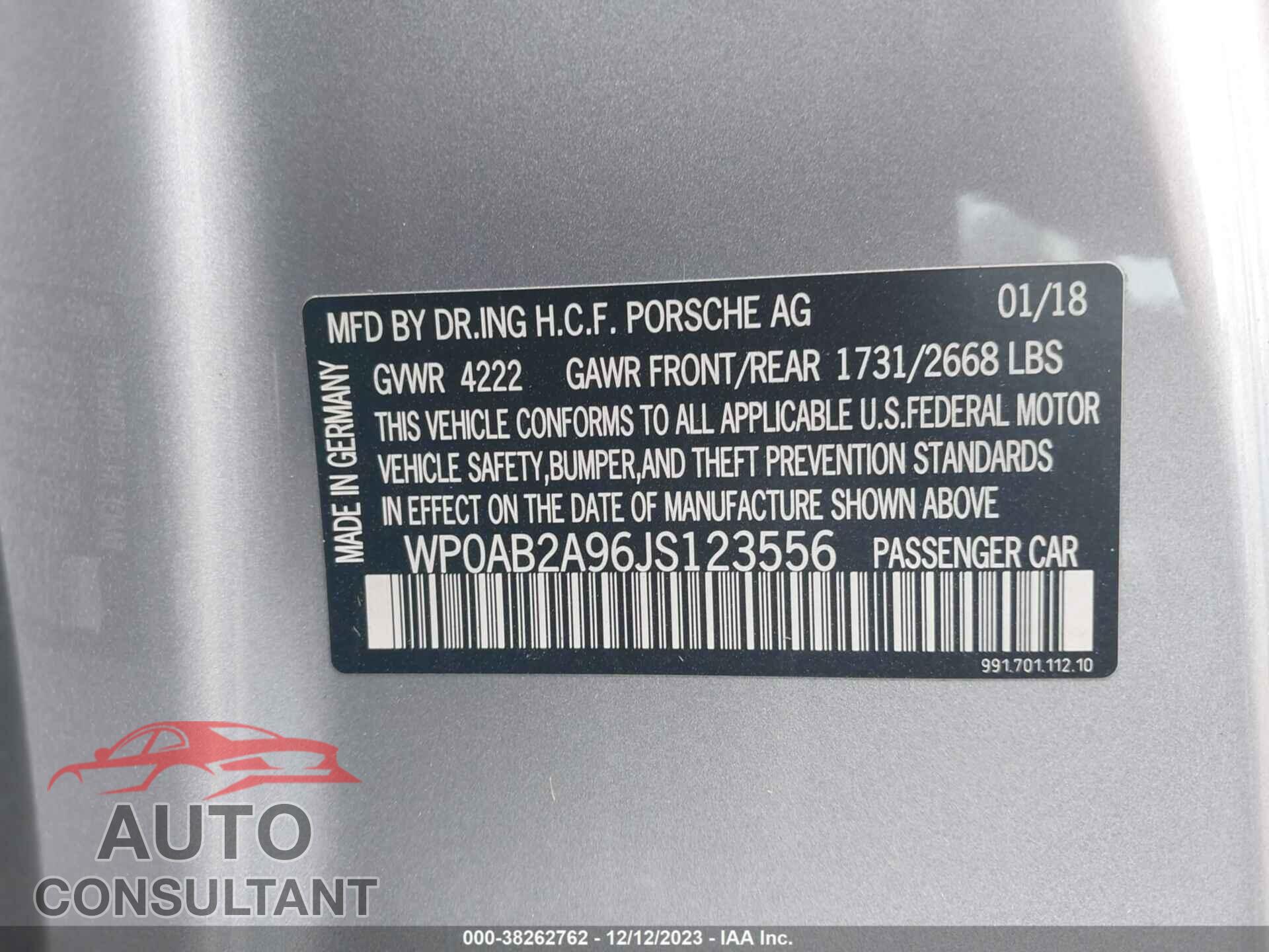 PORSCHE 911 2018 - WP0AB2A96JS123556