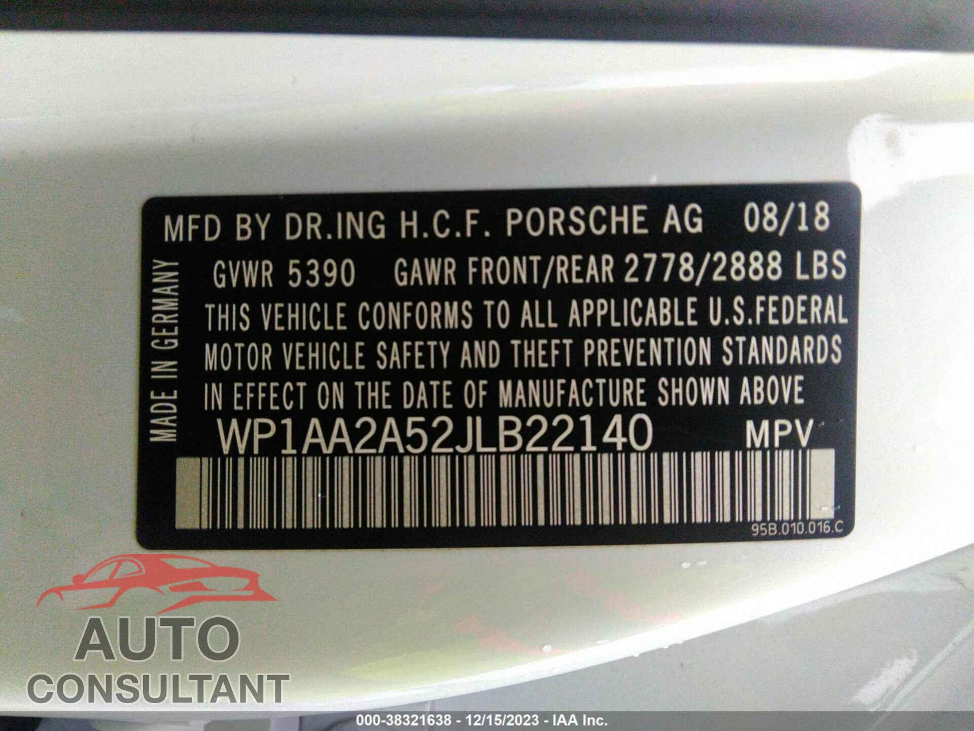PORSCHE MACAN 2018 - WP1AA2A52JLB22140