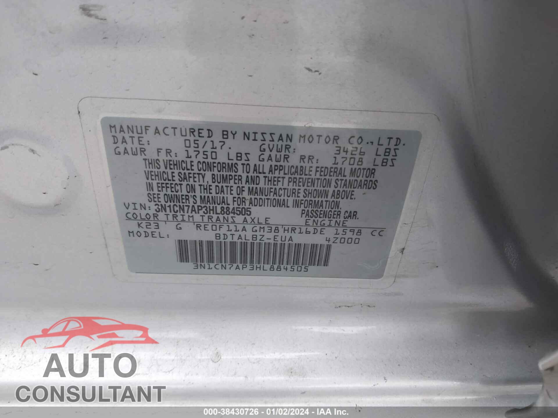 NISSAN VERSA 2017 - 3N1CN7AP3HL884505