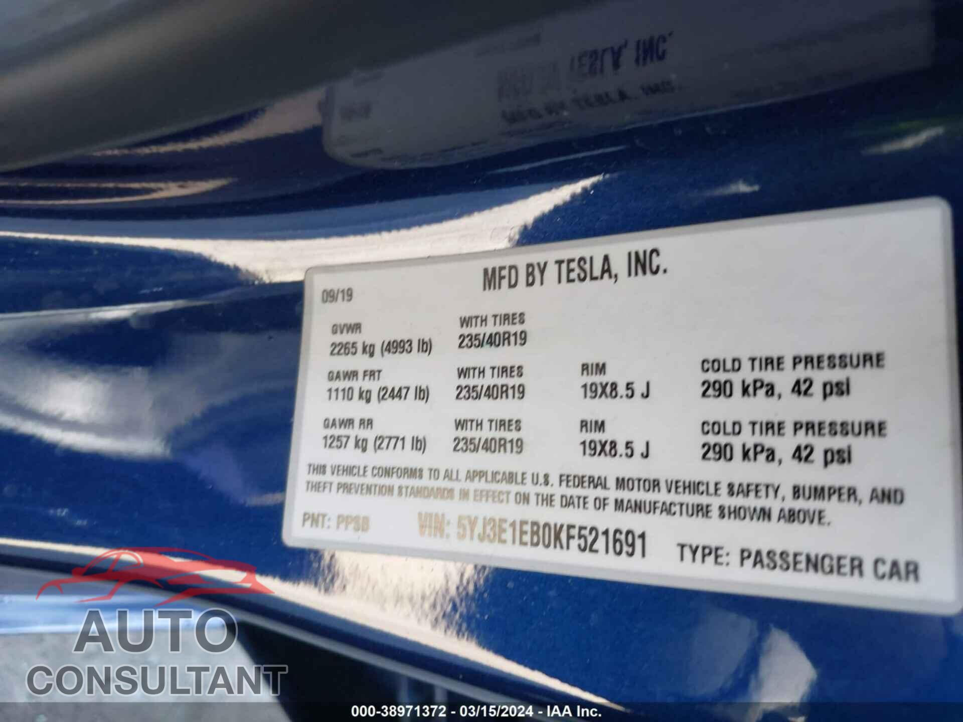 TESLA MODEL 3 2019 - 5YJ3E1EBOKF521691
